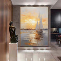 Large sailboat oil painting,Gray Gold Abstract Port Morning Sundown Wall Art,Original landscape to paint Artwork,Nautical oil painting art