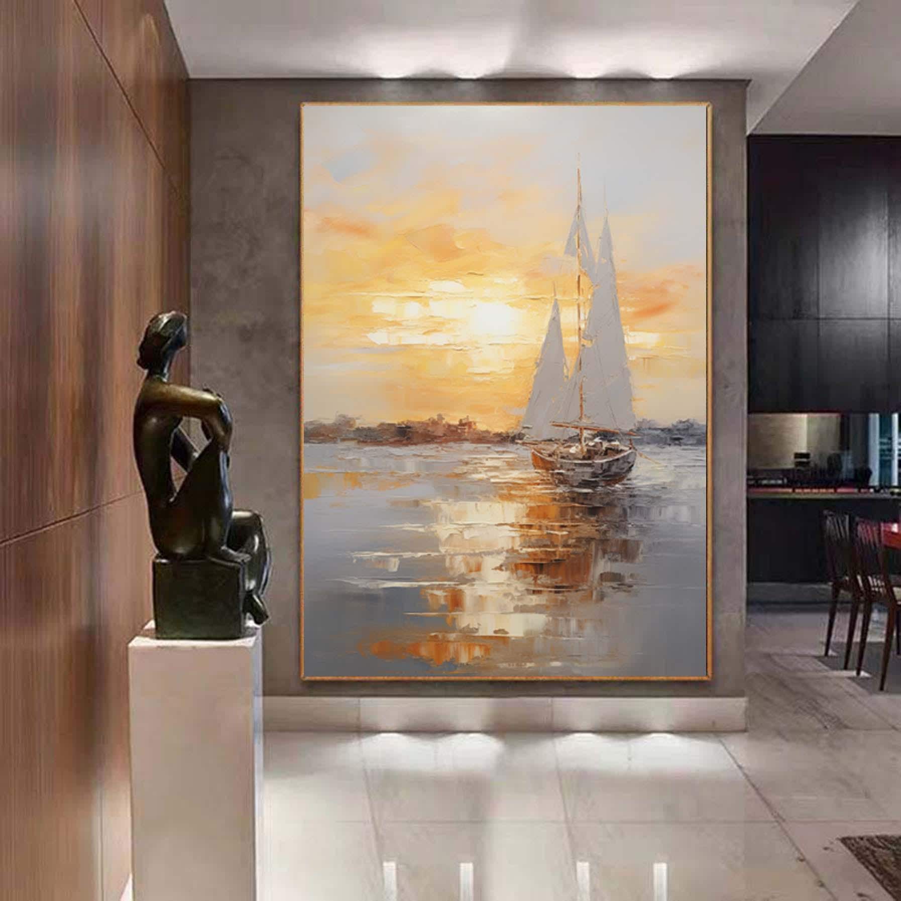 Large sailboat oil painting,Gray Gold Abstract Port Morning Sundown Wall Art,Original landscape to paint Artwork,Nautical oil painting art