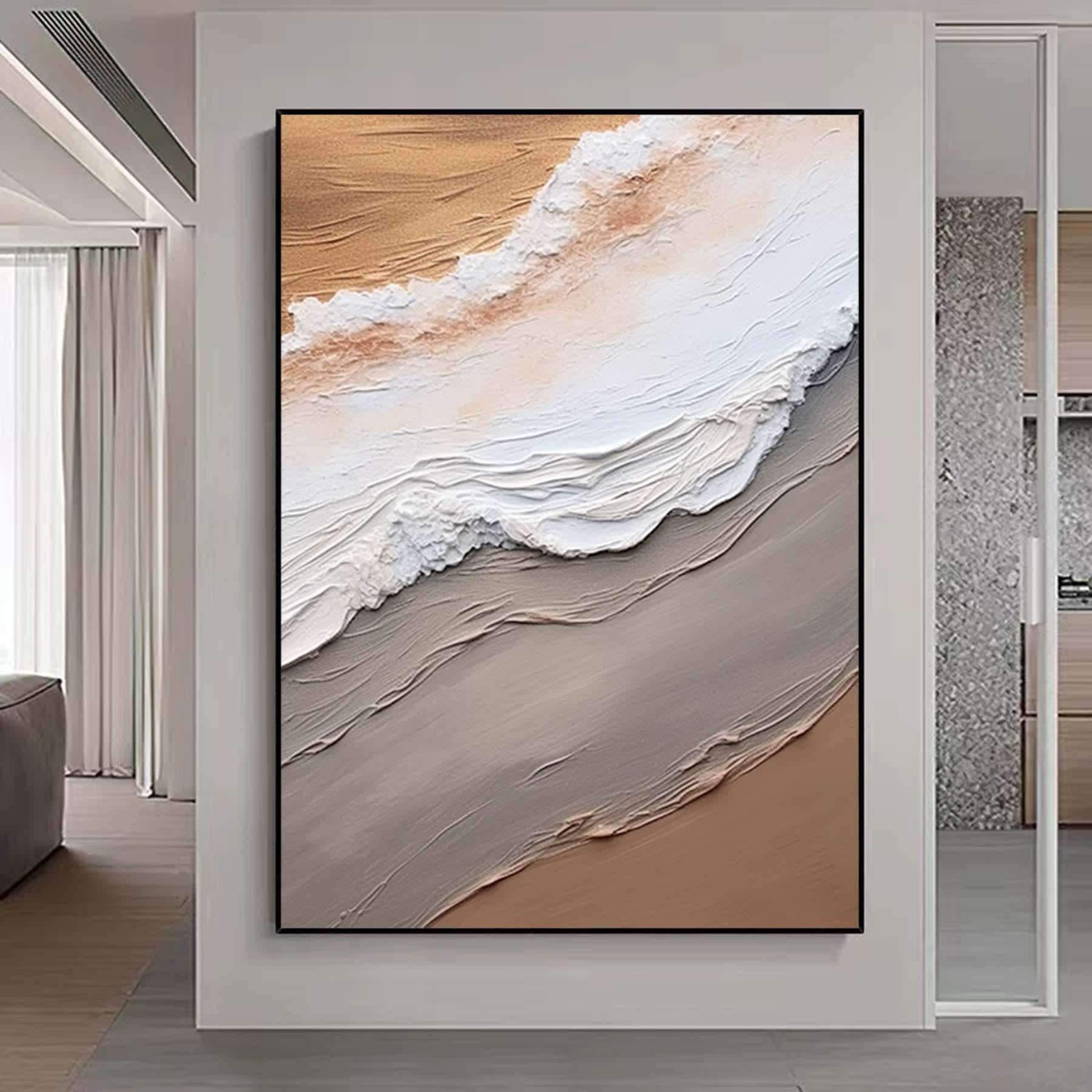 Extra Large Wabi-Sabi Seawaves Painting,Large Beige White 3D Textured Painting,Oversized Textured Minimalist Abstract Wall Art for Home