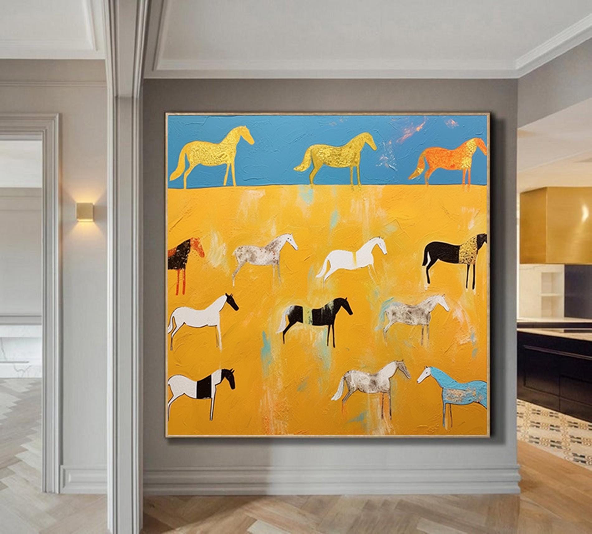 Abstract original horses artwork,decorative painting on canvas,extra large wall art,oversized textured painting,animal art,large canvas art