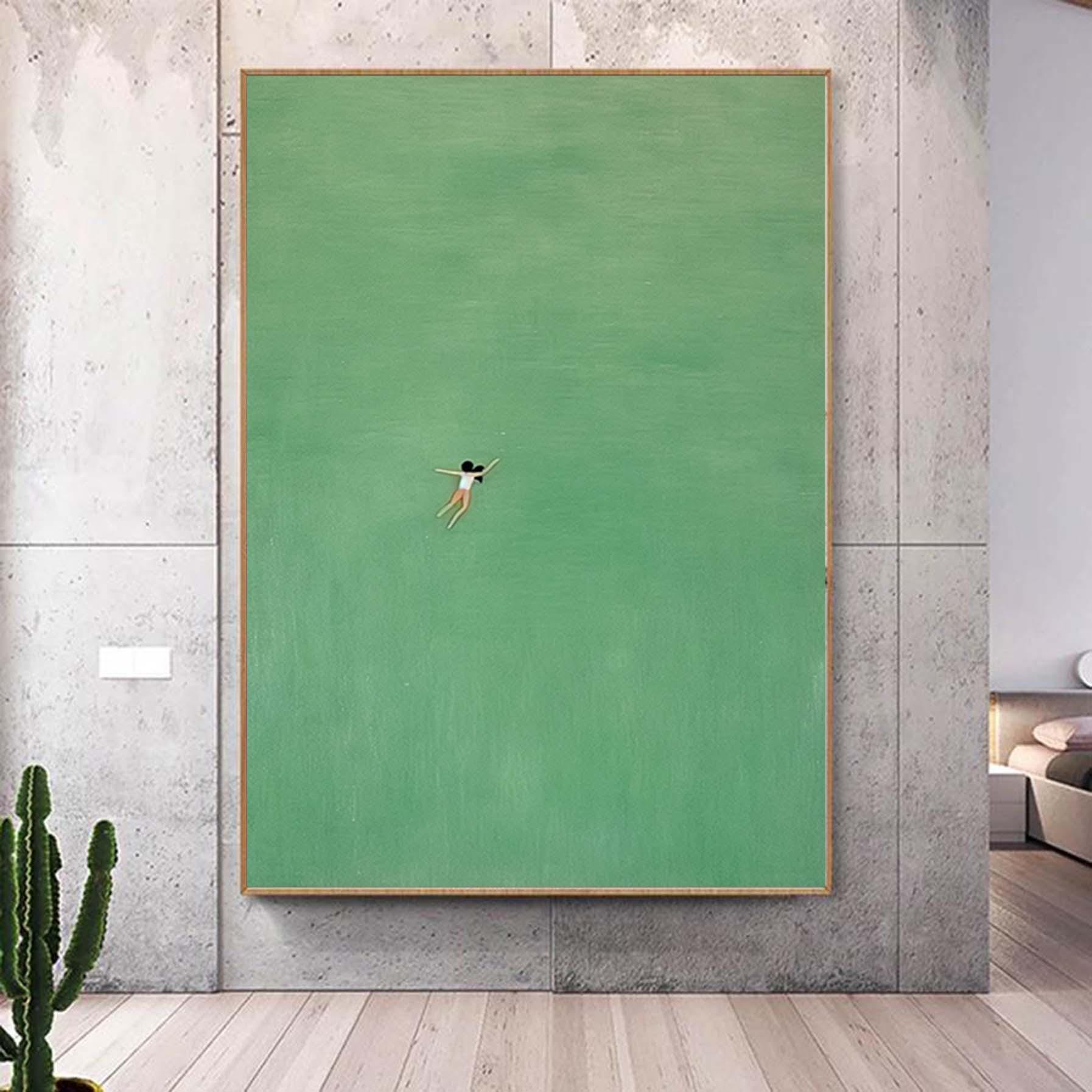 Swimming Into The Sea Green Ocean Painting Vintage Retro Painting Green Minimalist Painting Landscape Painting Holiday Style Art Home Decor