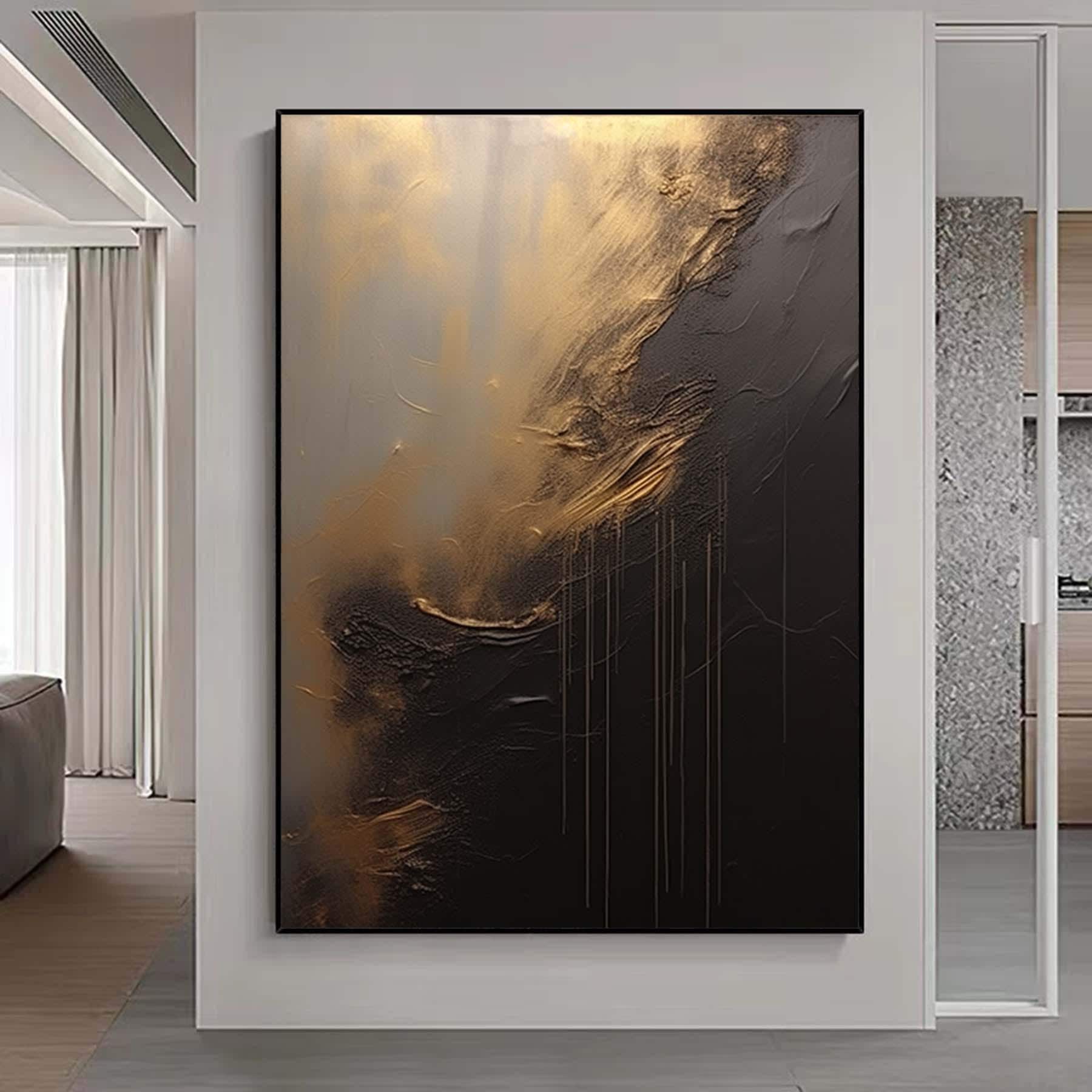 Black And Gold Minimalist Wall Art Large Black Texture Canvas Wall Art  Modern-Classic Art Gold Leaf 3D Texture Painting Wabi-sabi Painting