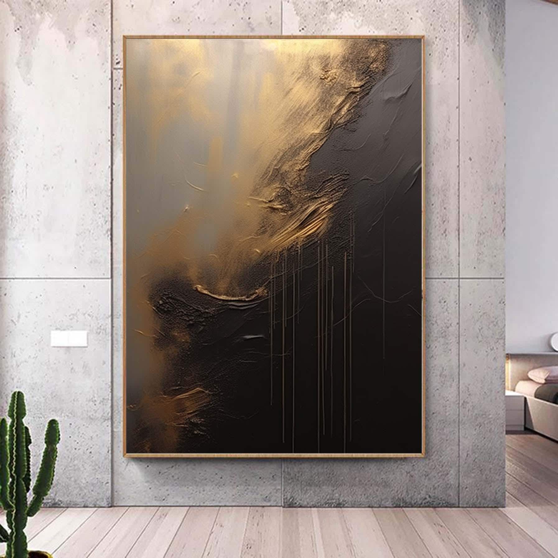 Black And Gold Minimalist Wall Art Large Black Texture Canvas Wall Art  Modern-Classic Art Gold Leaf 3D Texture Painting Wabi-sabi Painting