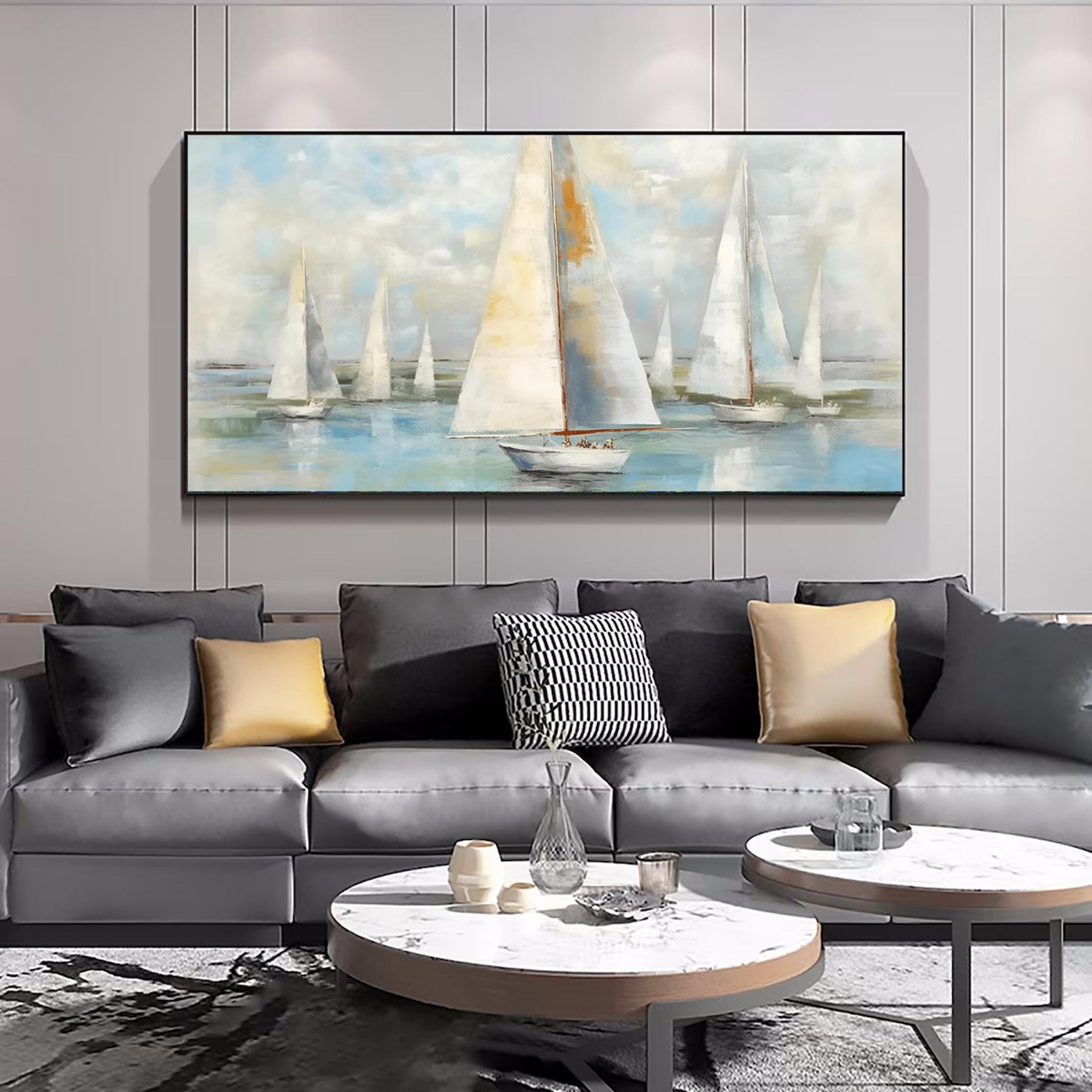 Abstract Minimalit Sailboats Painting,Extra Large Wall Art,Large Textured Paintings, Abstract Acrylic Painting, Decorative Wall Art for Home