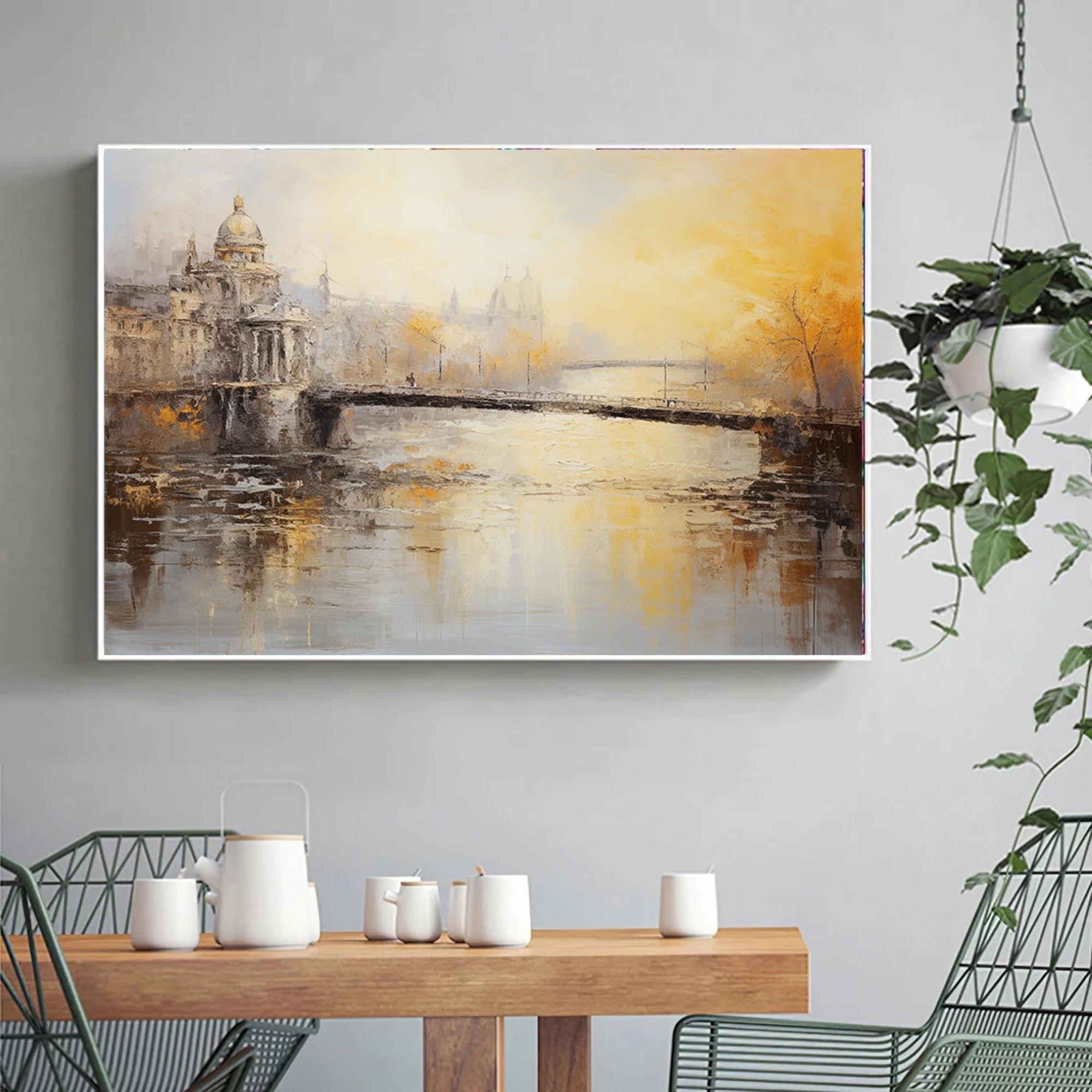 Abstract antique bridge Wall Art,Large foggy morning painting,Original textured landscape canvas art,Nautical oil painting art on Canvas