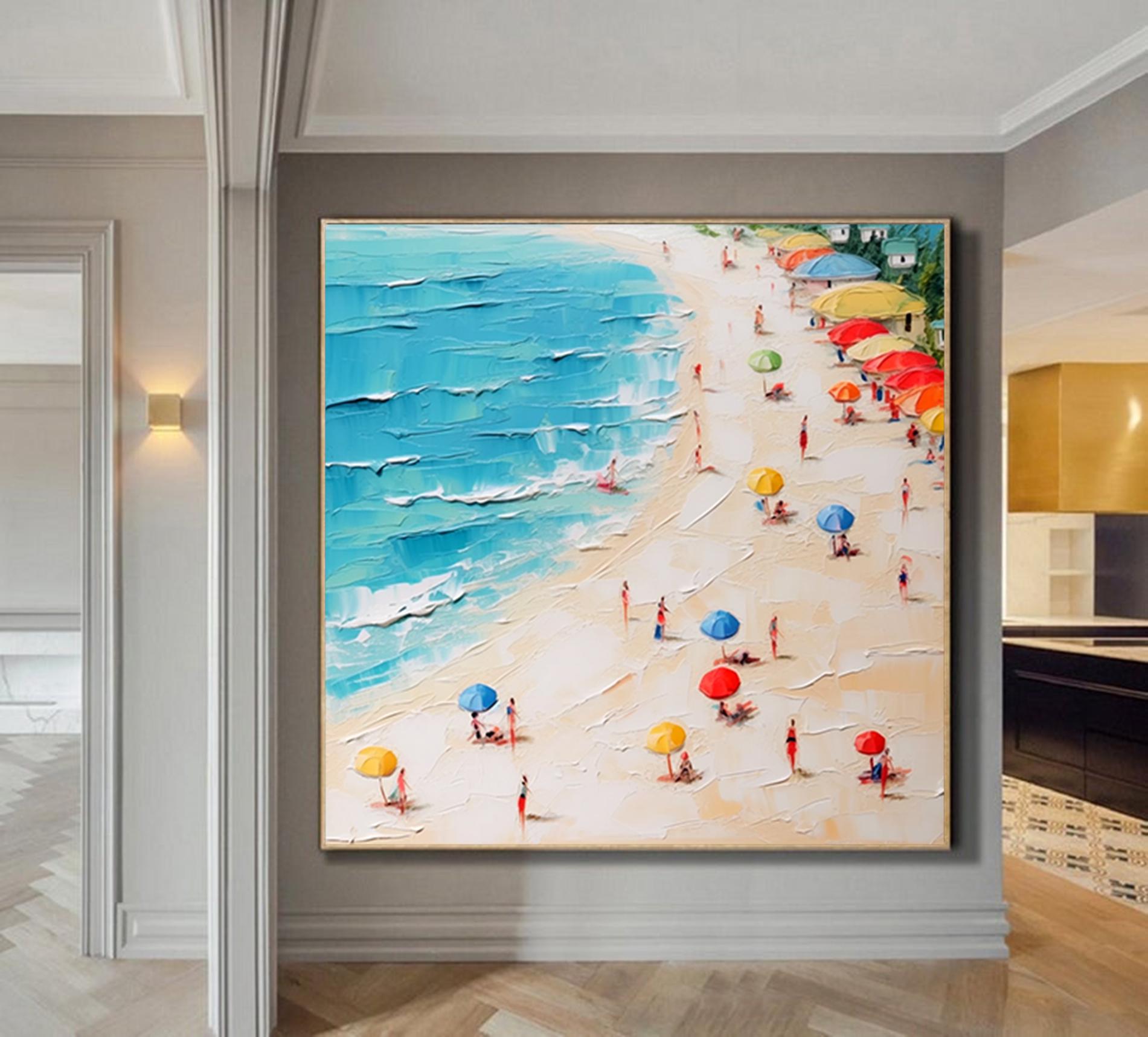 Original Abstract Seascape Canvas Oil Painting,Heavy Textured Summer Seaside Home Decor Hand-Painted Beach&Ocean Impasto Acrylic Wall Art