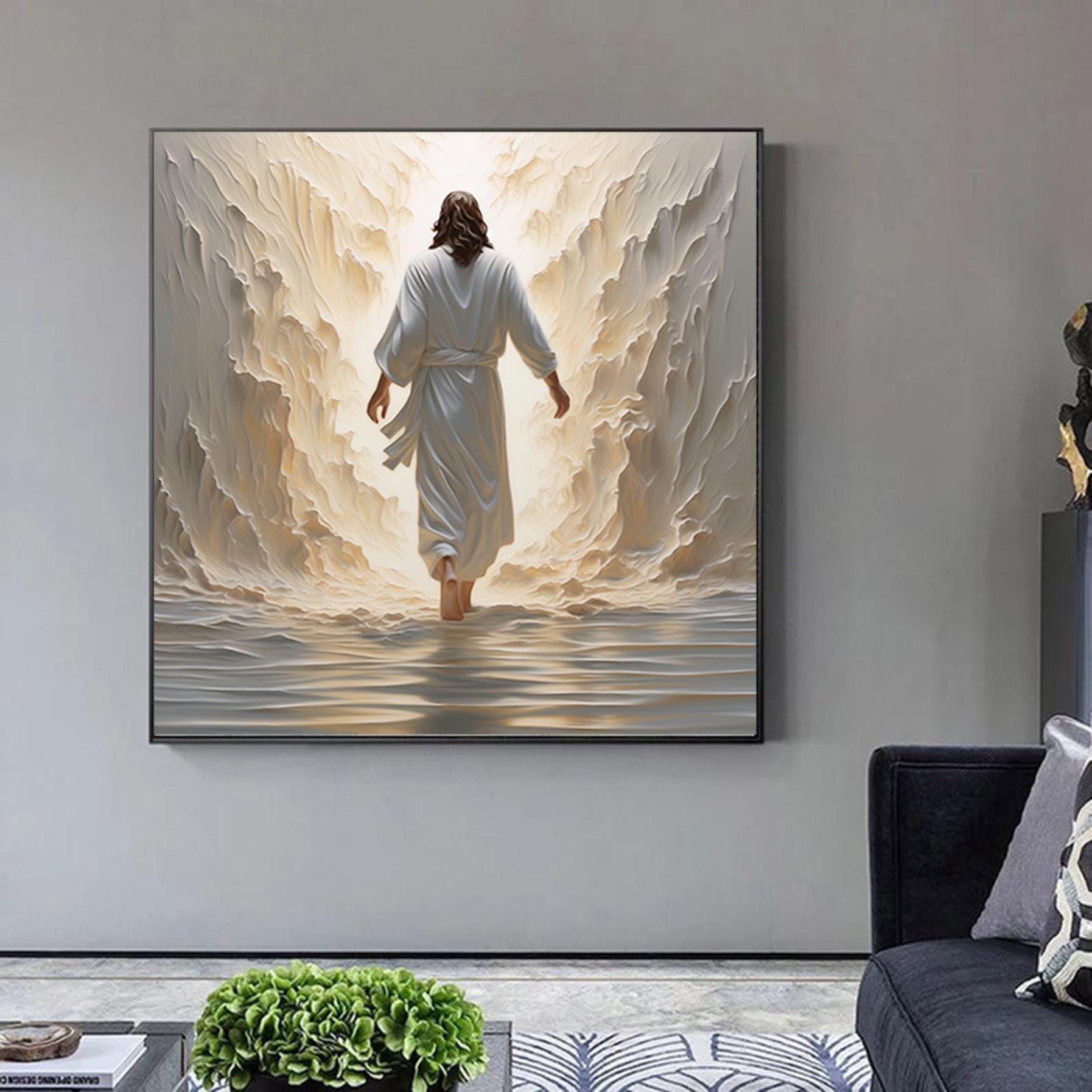Jesus walking on water wall art,White 3D Abstract painting,Extra Large Textured Paintings,Religious Acrylic Paintings, Modern christian art