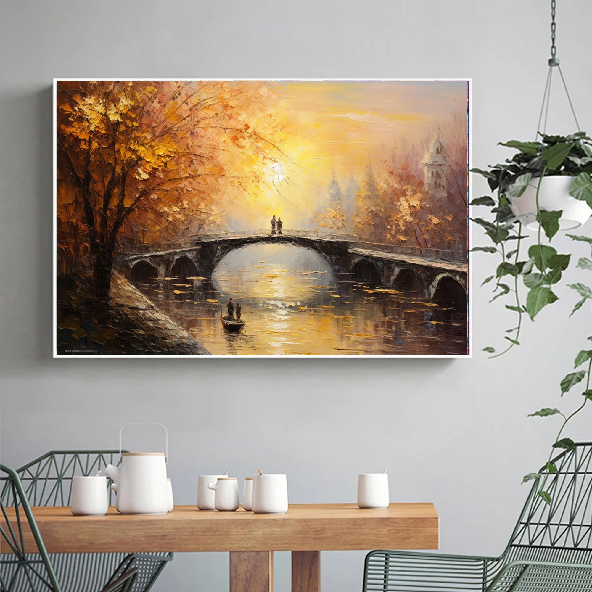 Large morning sunraise painting,Abstract bridge sundown Wall Art,Original textured landscape canvas art,Nautical oil painting art on Canvas