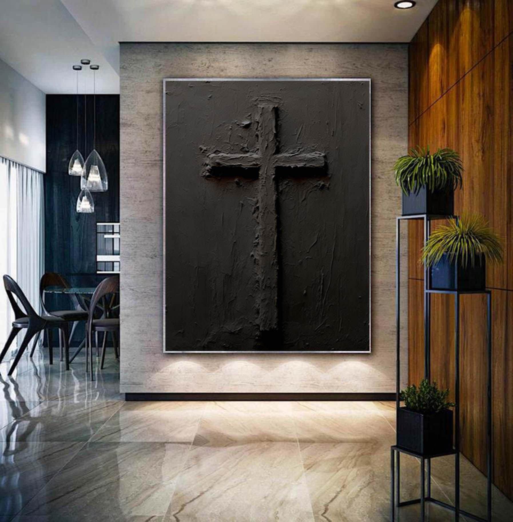 Black Abstract wall decor,Cross wall art,Jesus wall art,Extra Large 3D Textured Paintings,Abstract Acrylic Paintings, Modern christian art