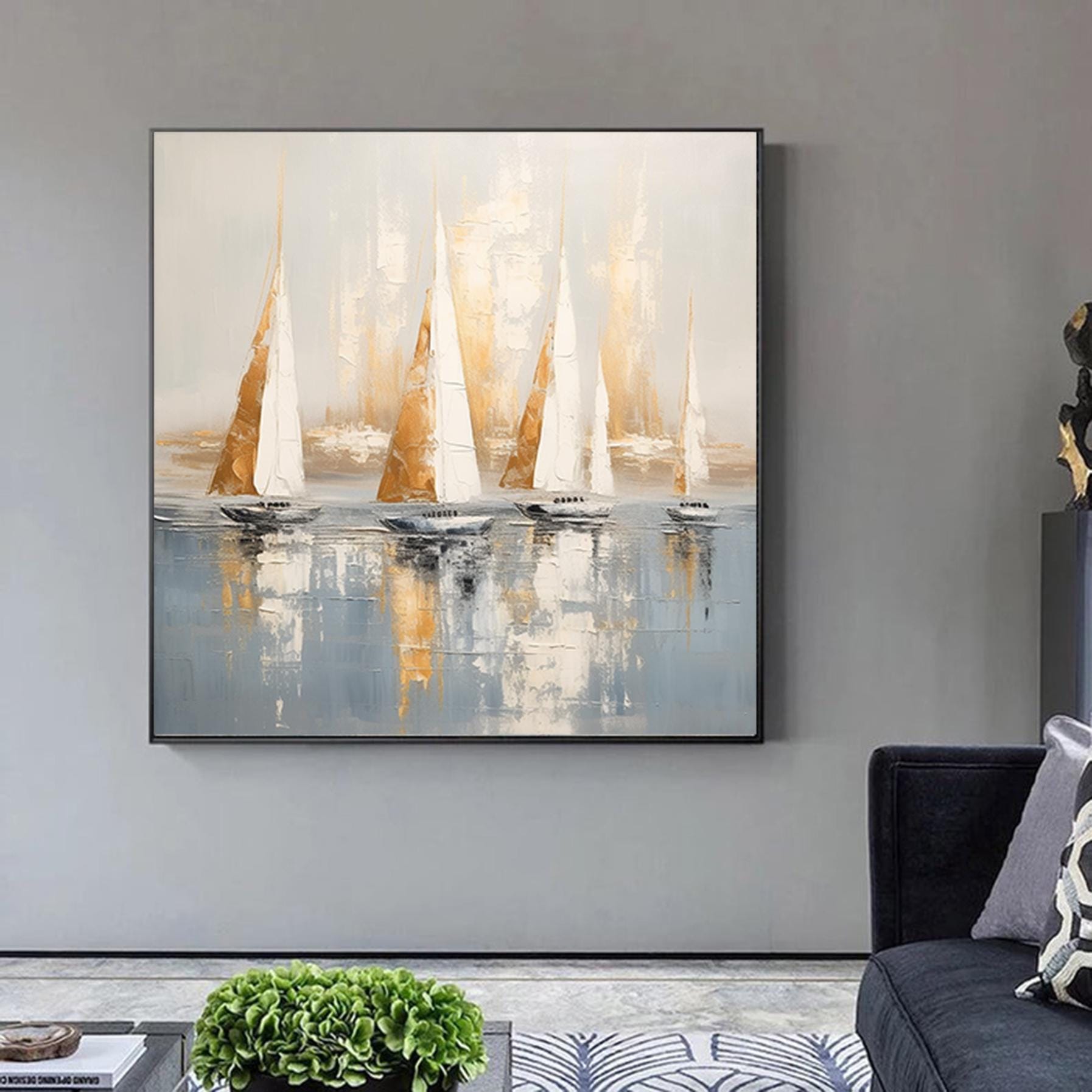 Large sailboat party oil painting,Original Sailboats gather in the harbor landscape to paint Artwork, Nautical oil painting art on Canvas
