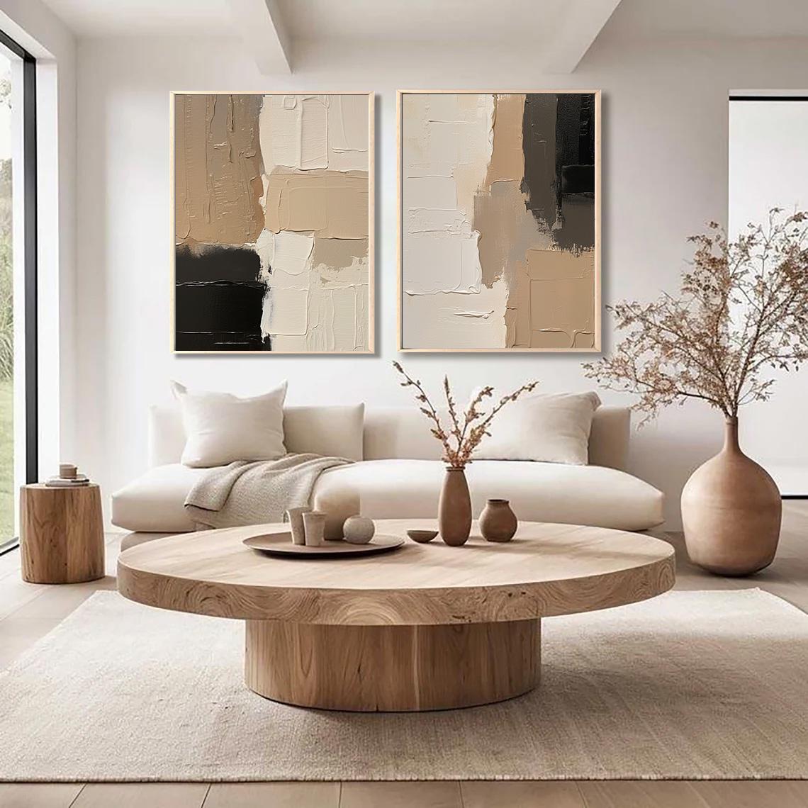 Set of 2 Large Brown Abstract Canvas Paintings Beige Wall Art Black Abstract Wall Art Original Brown Textured Wall Art Neutral Wall Decor