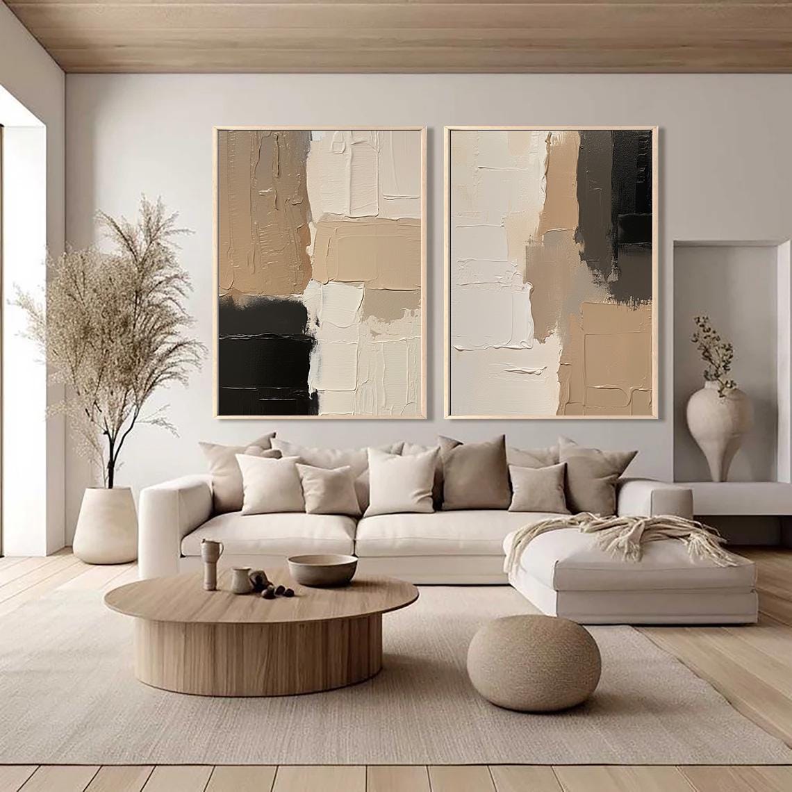 Set of 2 Large Brown Abstract Canvas Paintings Beige Wall Art Black Abstract Wall Art Original Brown Textured Wall Art Neutral Wall Decor