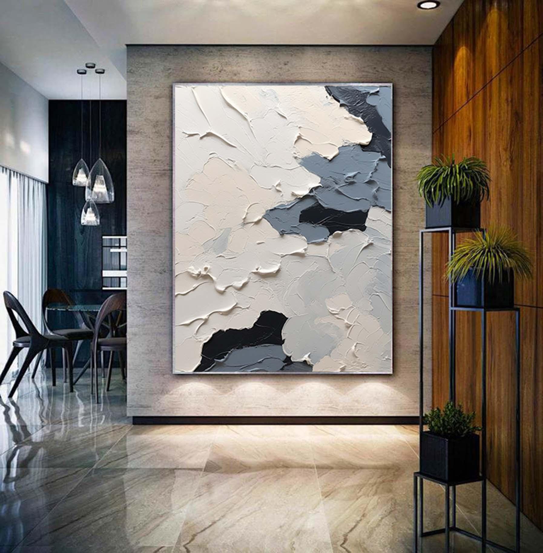 Large Nordic white abstract, navy blue modern living room abstract painting, white 3D texture painting, minimalist art, neutral art