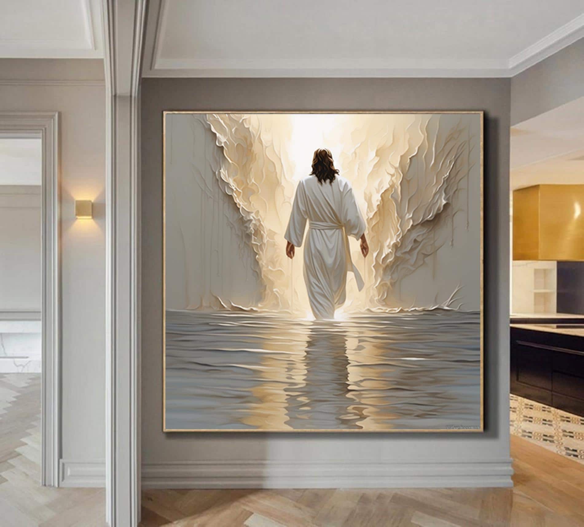 Jesus walking on water wall art,White 3D Abstract painting,Extra Large Textured Paintings,Religious Acrylic Paintings, Modern christian art
