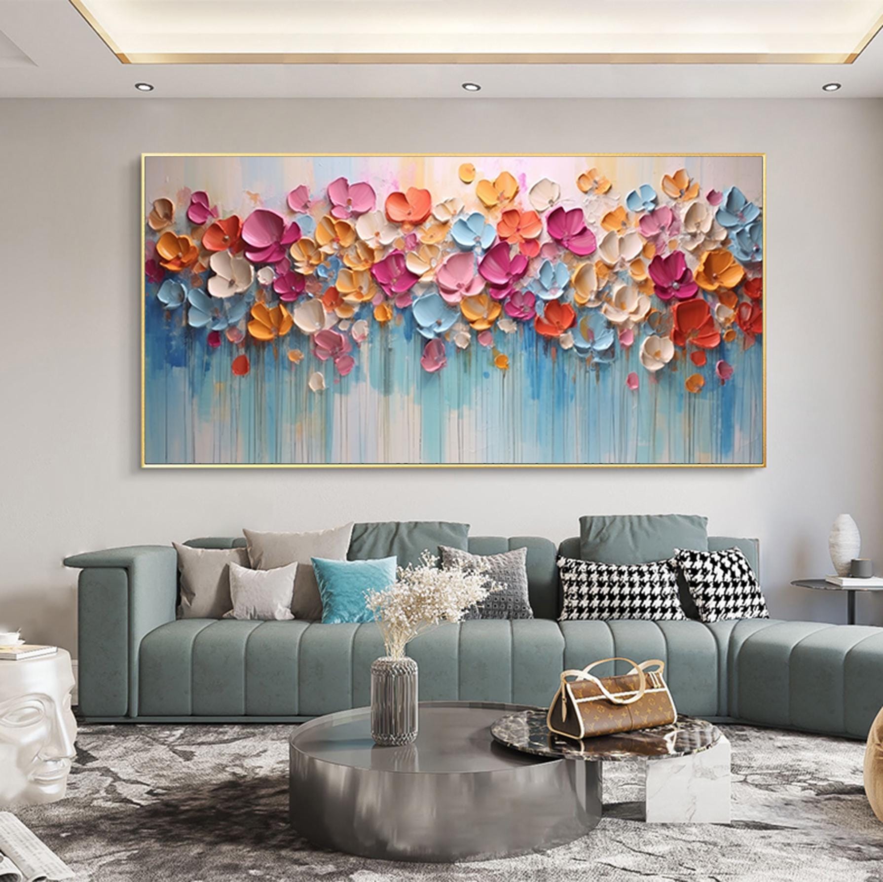 Hand Painted Thick Texture Petal Knife Painting 3D Colorful Abstract Canvas Wall Art Contemporary Home Decor Customized Sofa Artwork