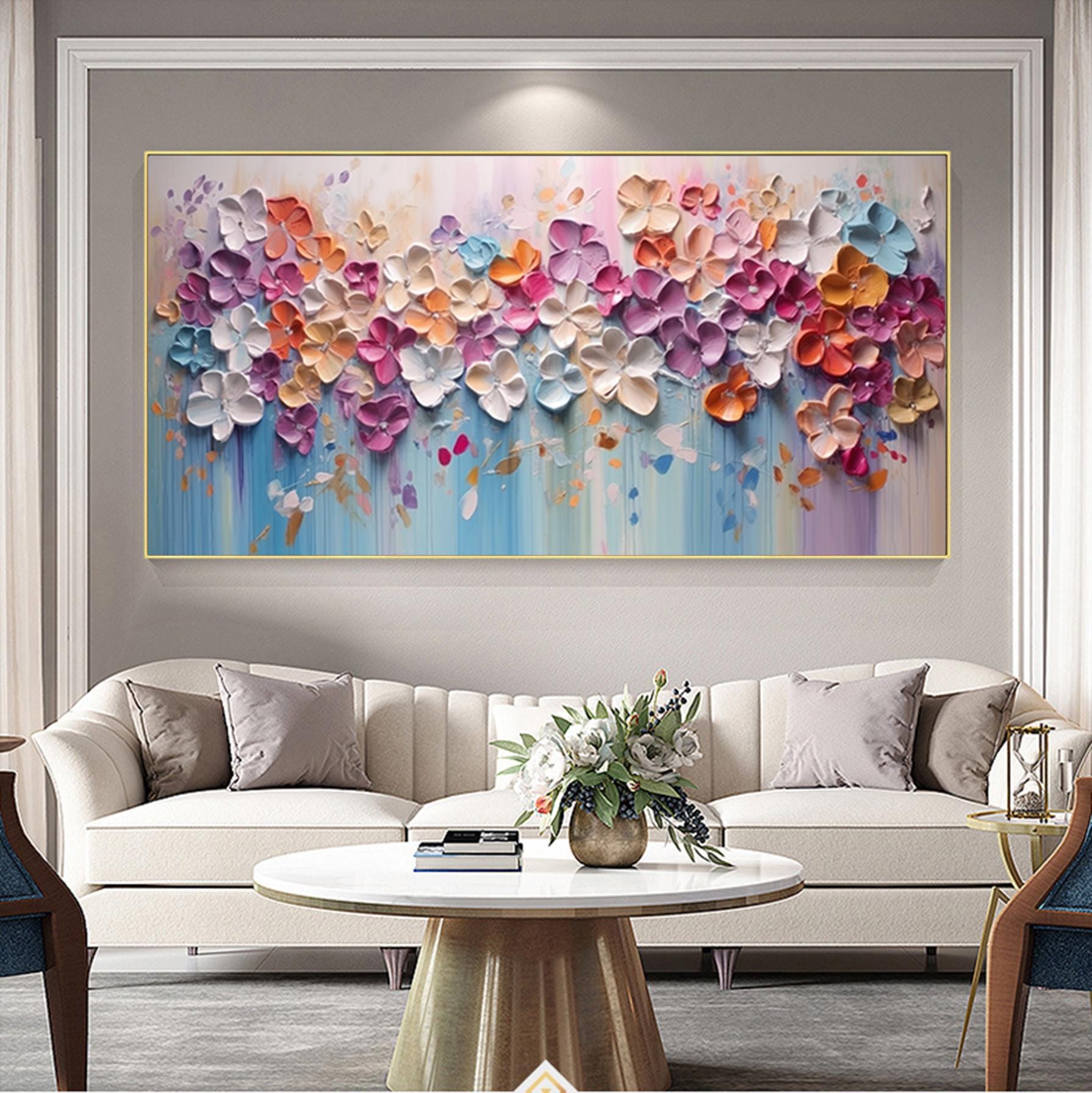 Hand Painted Thick Texture Petal Knife Painting 3D Colorful Abstract Canvas Wall Art Contemporary Home Decor Customized Sofa Artwork
