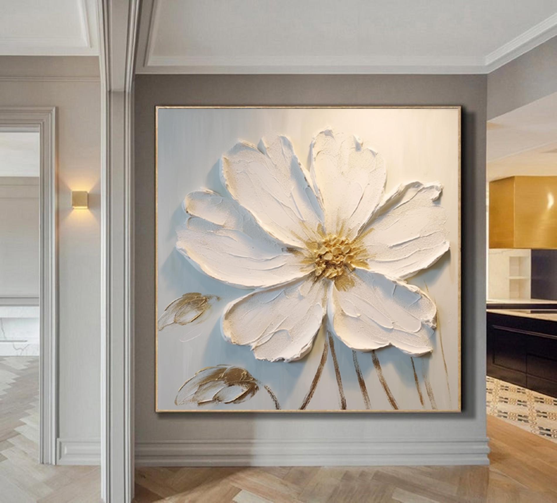 Large Floral White Painting,White 3D Textured Paintings, White Acrylic Painting, Modern abstract painting for Living Room, Minimalist Art