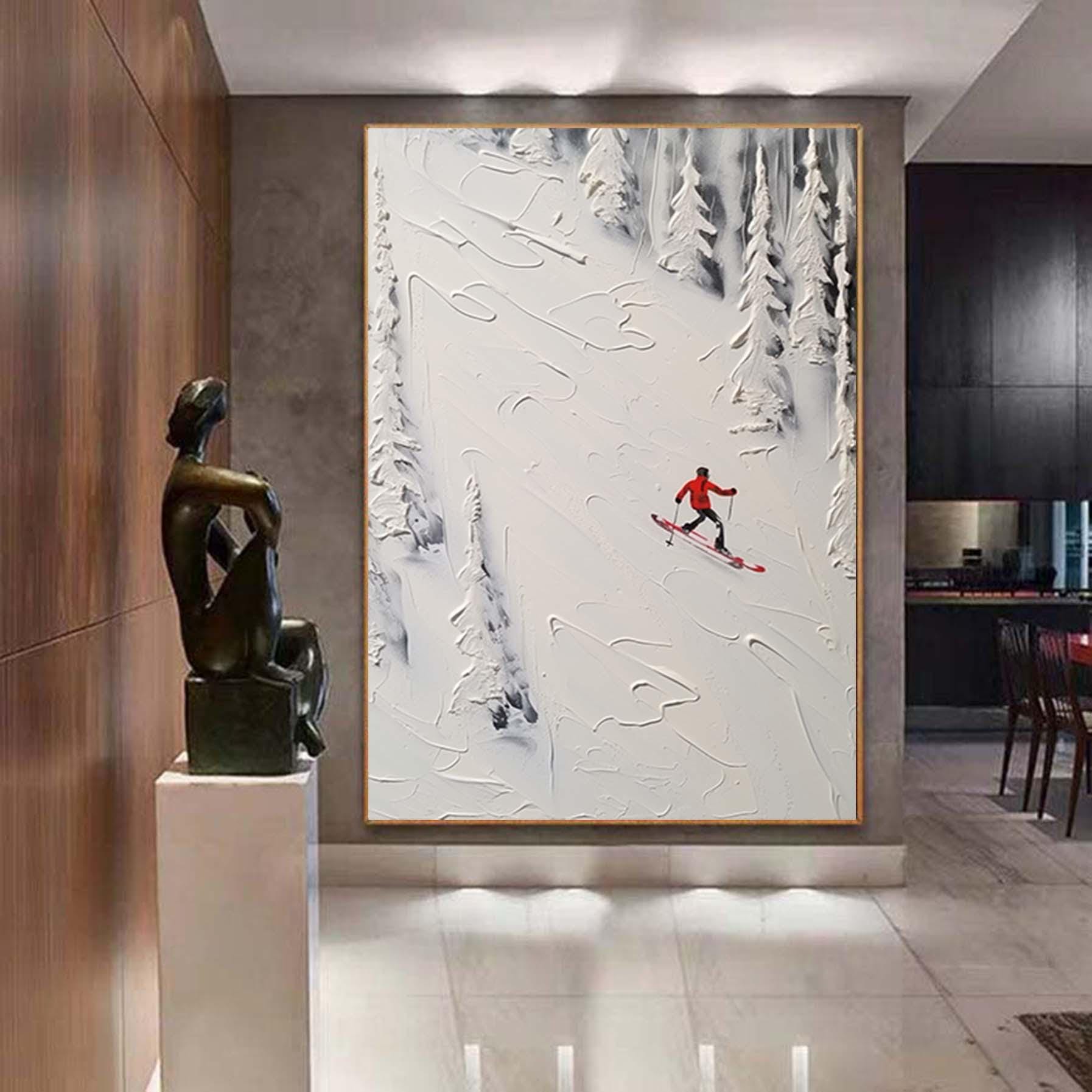 White Ski Canvas Oil Painting, Ski Resort Texture Art, Snow Mountain Hand Painting, Ski Sport Art, Living Room Decor Art Newlywed Decor