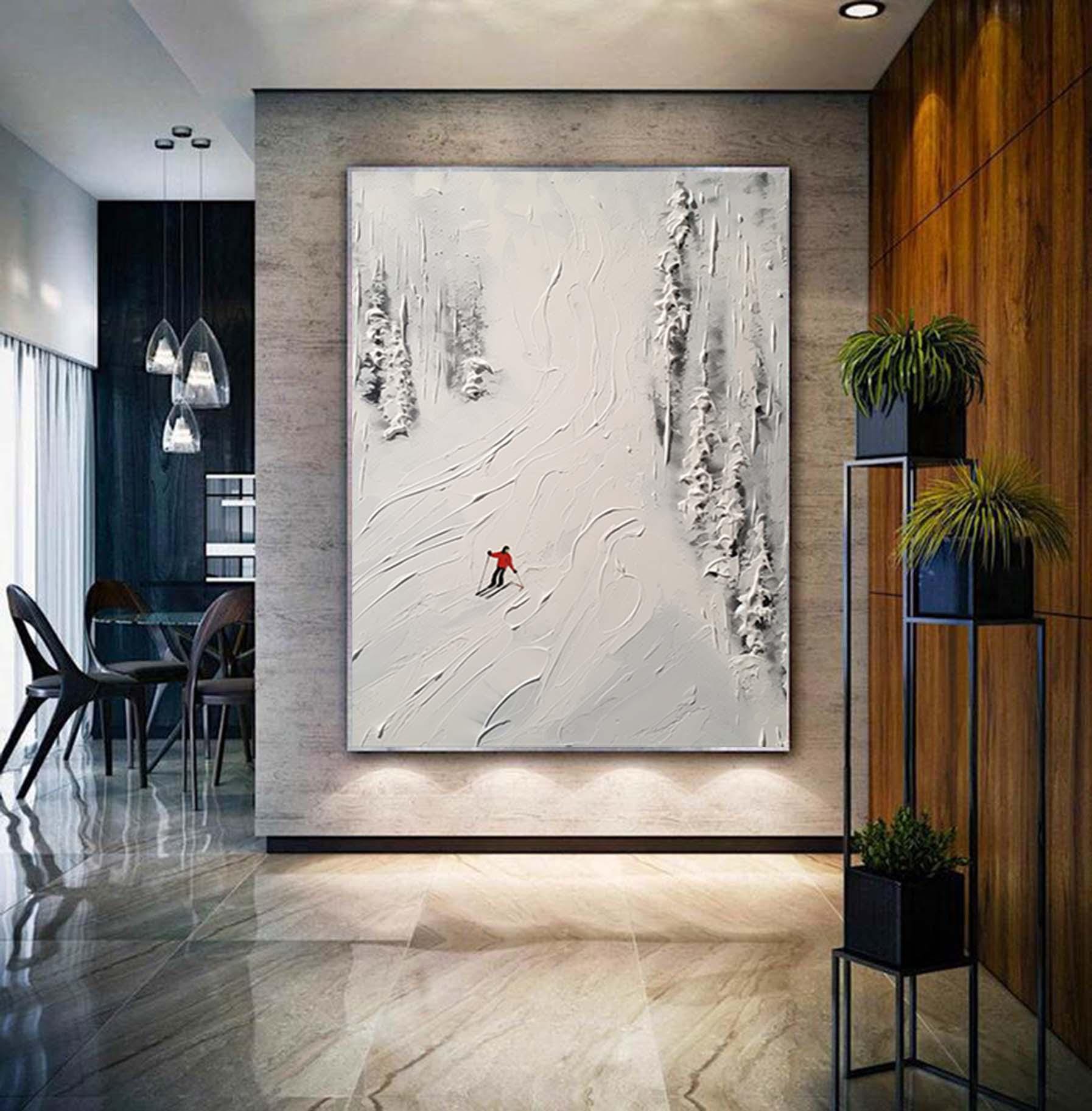 White Ski Canvas Oil Painting, Ski Resort Texture Art, Snow Mountain Hand Painting, Ski Sport Art, Living Room Decor Art Newlywed Decor