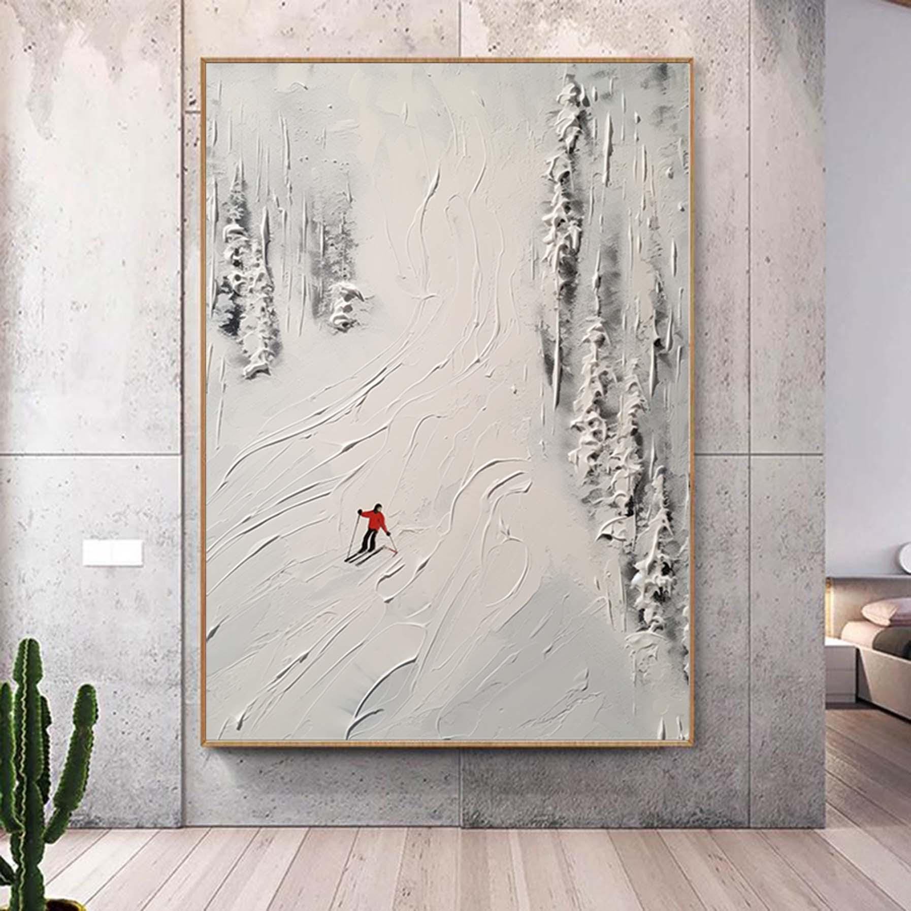 White Ski Canvas Oil Painting, Ski Resort Texture Art, Snow Mountain Hand Painting, Ski Sport Art, Living Room Decor Art Newlywed Decor