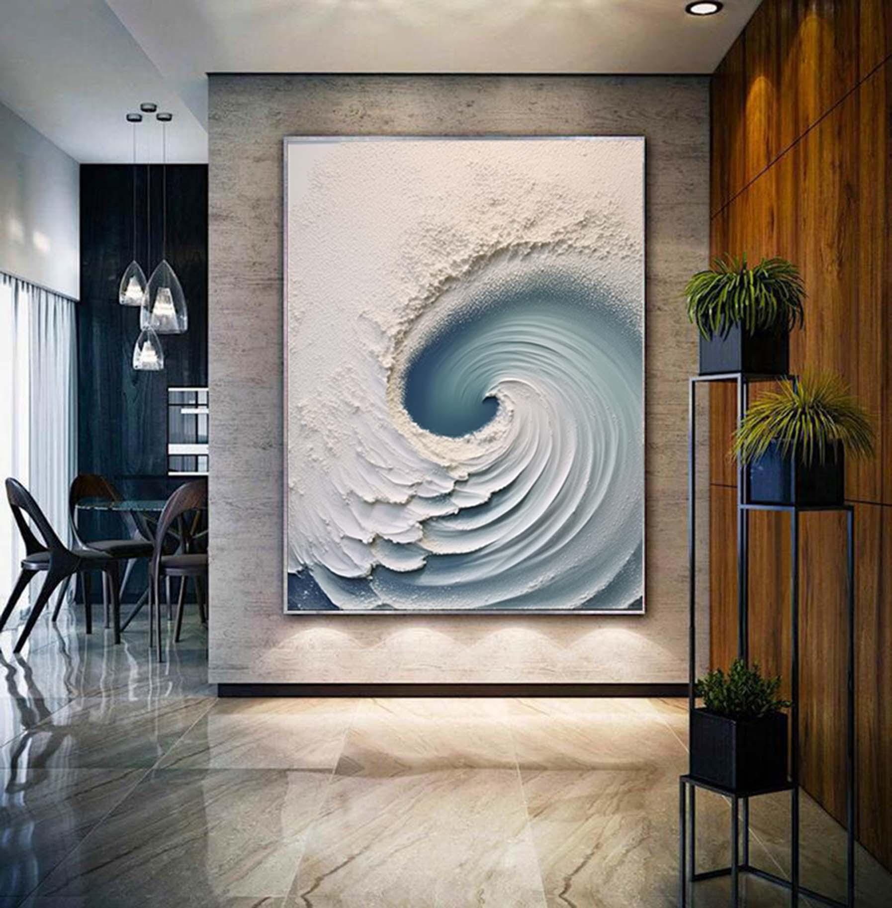 Extra Large Wabi-Sabi Seawaves Painting,Large White Green 3D Textured Painting,Oversized Textured Minimalist Abstract Wall Art for Home