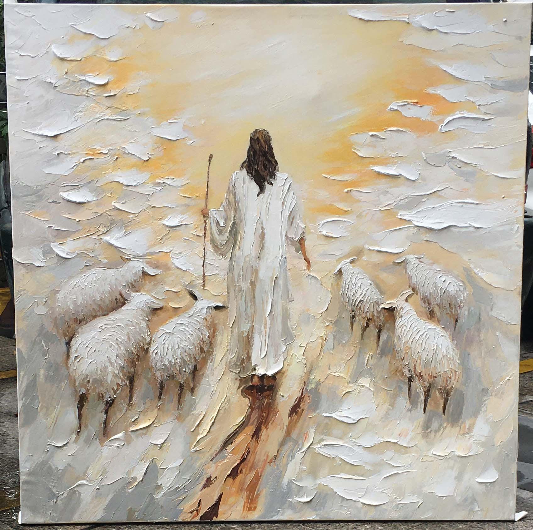 The Good Shepherd Jesus Christ Painting,Modern christian art, Abstract religious wall art,Extra Large 3D Textured Paintings,Textured art