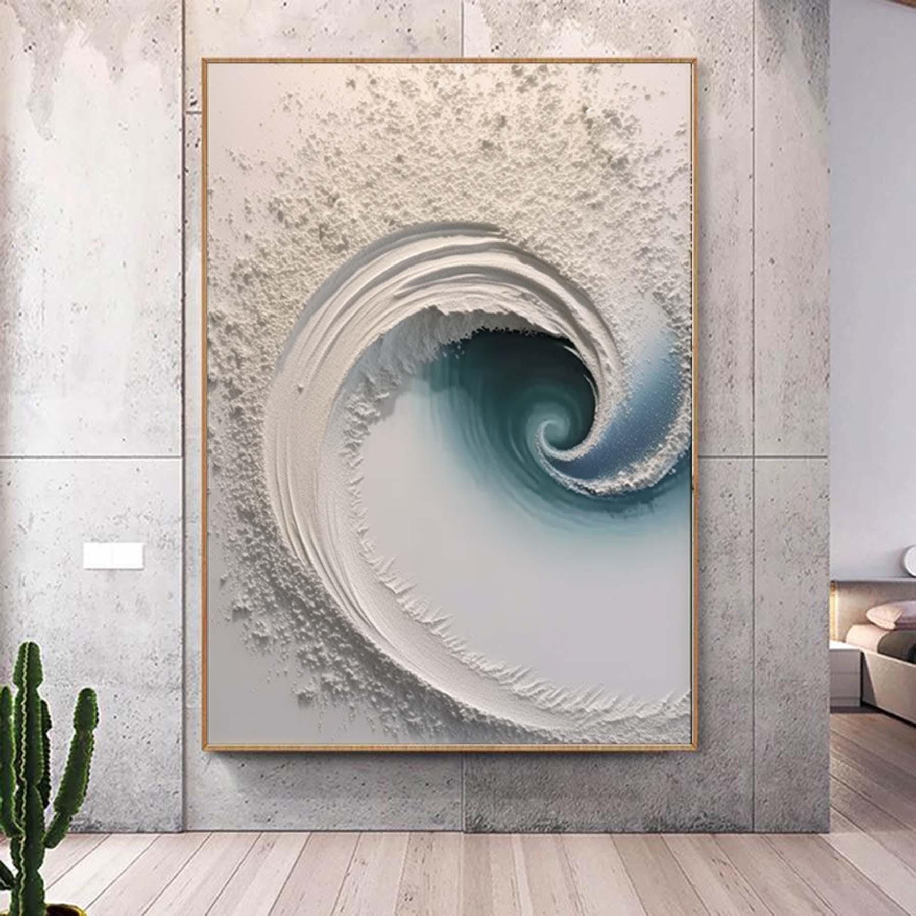 Extra Large Wabi-Sabi Seawaves Painting,Large White Green 3D Textured Painting,Oversized Textured Minimalist Abstract Wall Art for Home