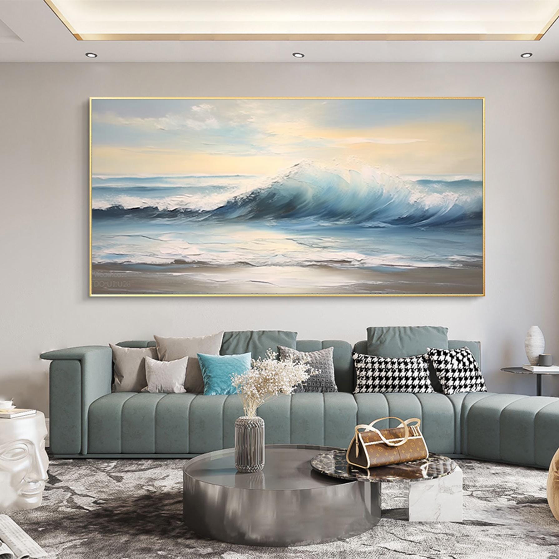 3D Beige Wave Oil Painting On Canvas Textured Abstract Ocean Wall Art Wabi Sabi Wall Art Plaster Art Modern Soft Neutral Coastal Wall Decor