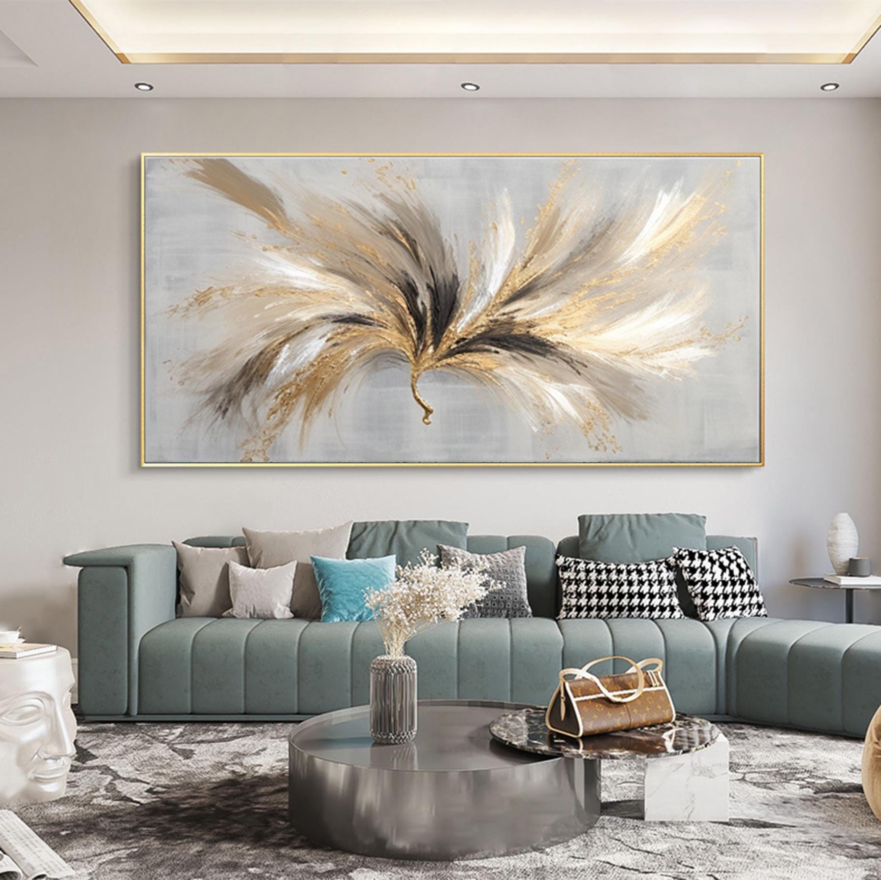 Abstract Gray Gold Florallike Painting,Extra Large Wall Art,Large Textured Paintings,Abstract Acrylic Painting, Minimalist Wall Art for Home