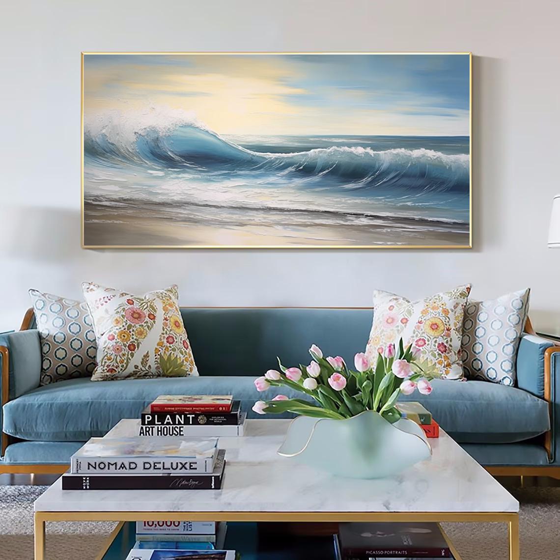 3D Beige Wave Oil Painting: Textured Abstract Coastal Wall Art