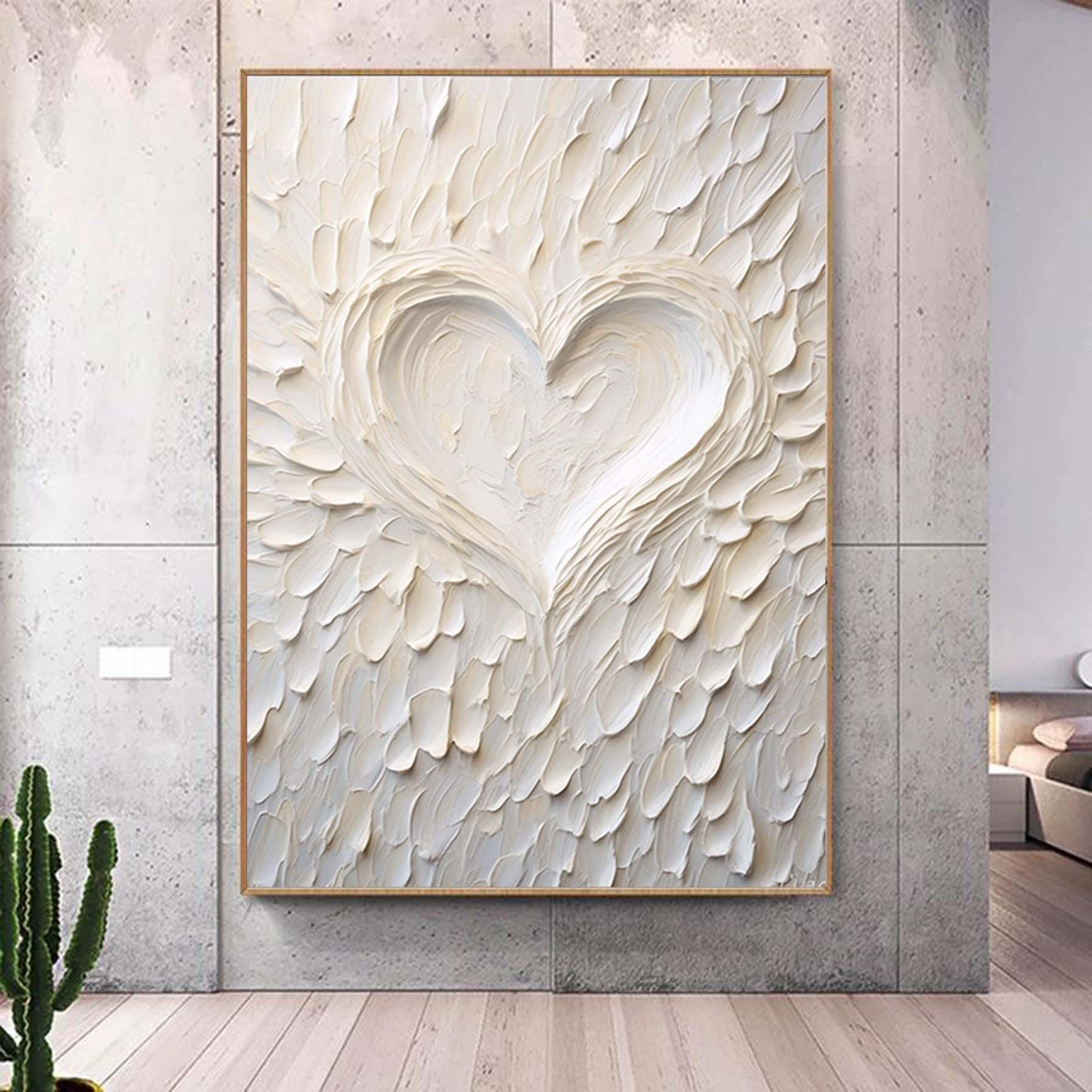 Romantic abstract painting,white love shape wall art,oversized textured original artwork,Extra Large 3D  Paintings,Modern canvas art