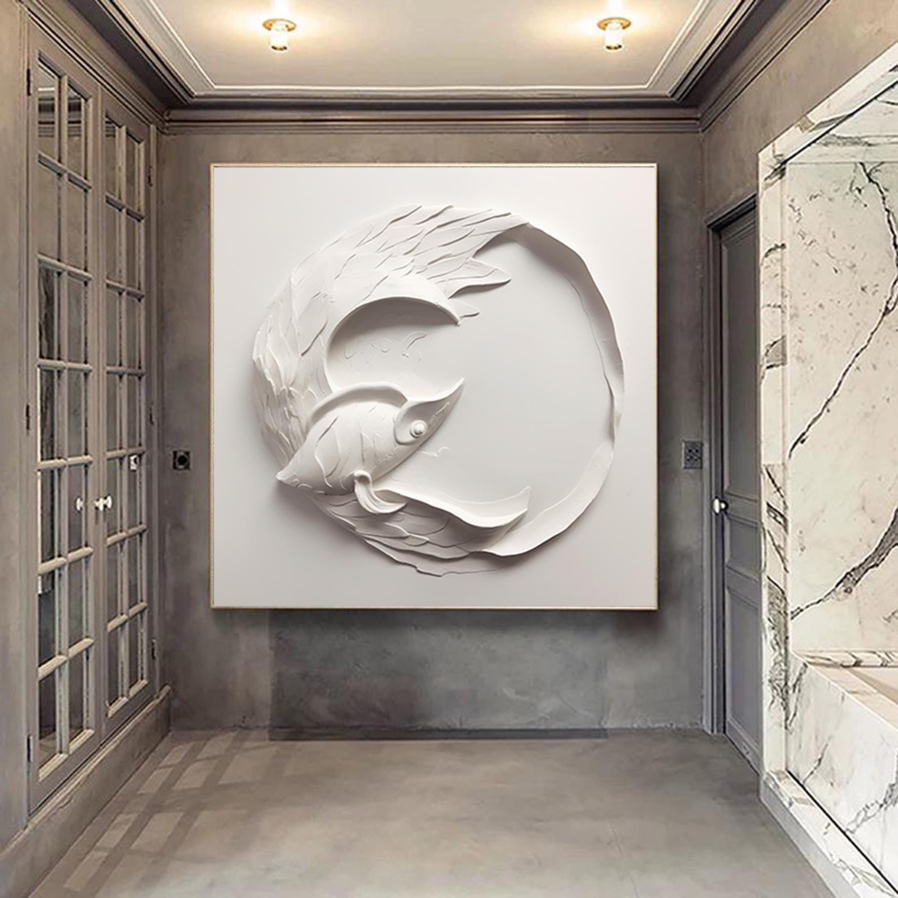 Abstract Fish Scale  Painting White Textured Plaster Art Modern Canvas Art Abstract Art Textured Wall Art Texture Painting Minimalist Decor