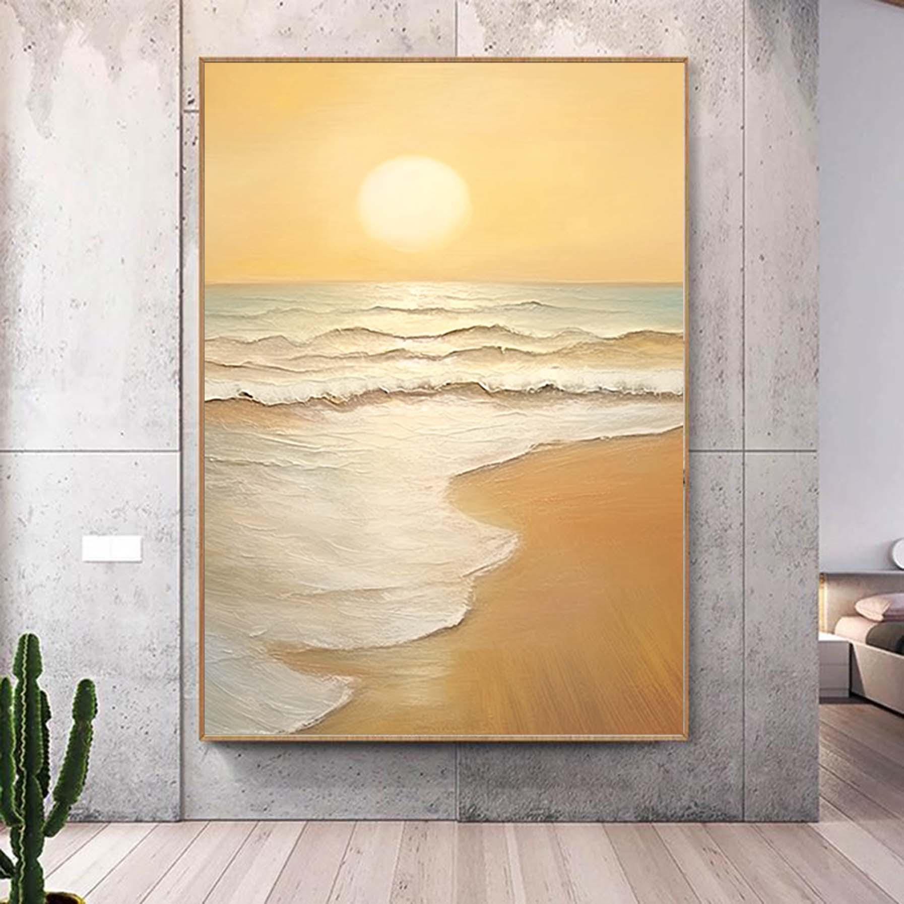 Extra Large Wabi-Sabi Seawaves Painting,Large Beige Sunset on Ocean Textured Painting,Oversized Minimalist Abstract Wall Art for Home