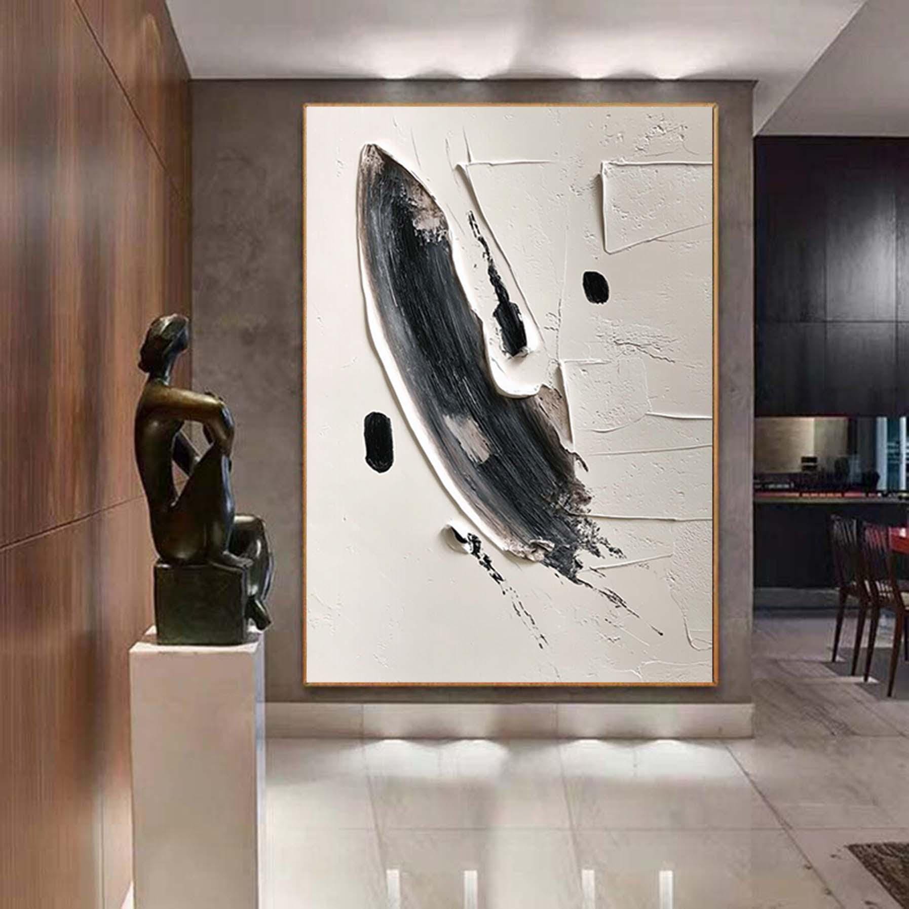 Black And White Textured Painting,Minimalist Modern Abstract Painting, Palette Knife Wall Art,Living Room Wall Abstract Art White Canvas Art