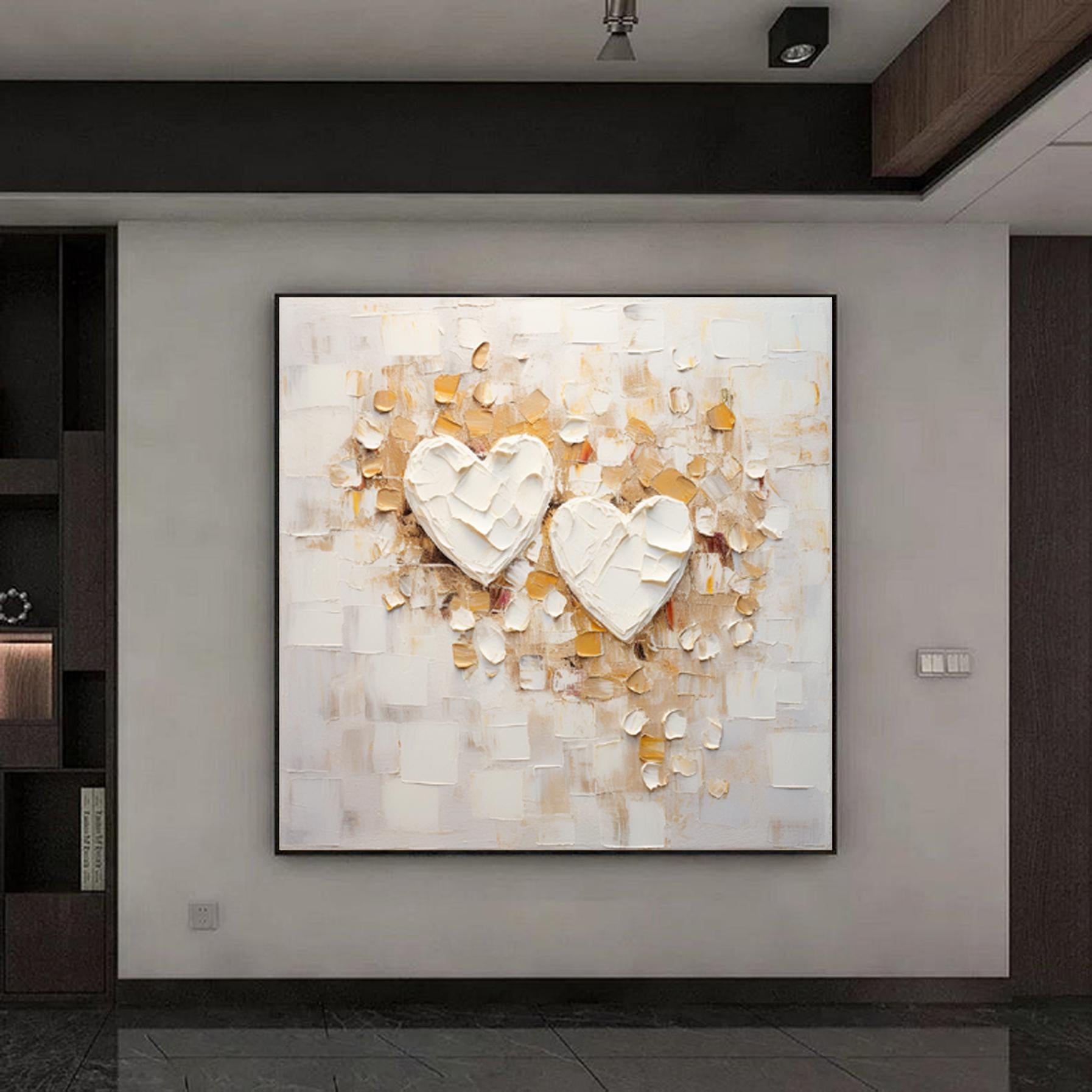Palette Knife Love Shape Plaster Art Modern Canvas Art Abstract White  Beige Textured Painting  Wall Art Texture Painting Minimalist Decor