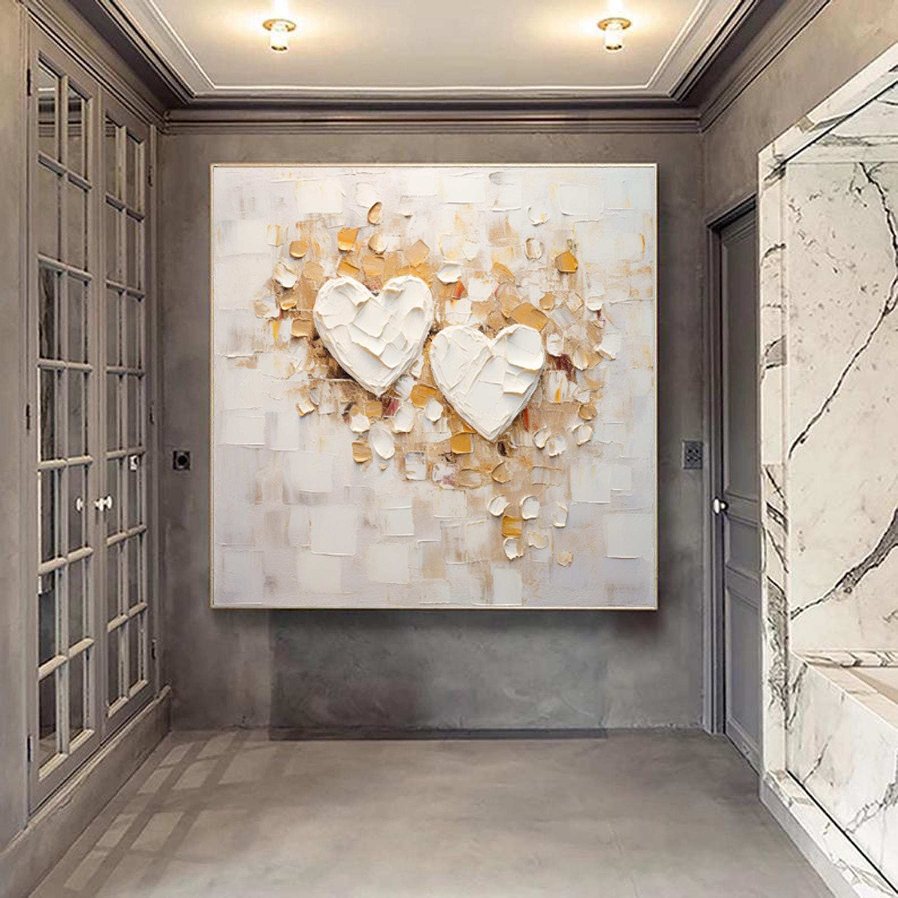 Palette Knife Love Shape Plaster Art Modern Canvas Art Abstract White  Beige Textured Painting  Wall Art Texture Painting Minimalist Decor