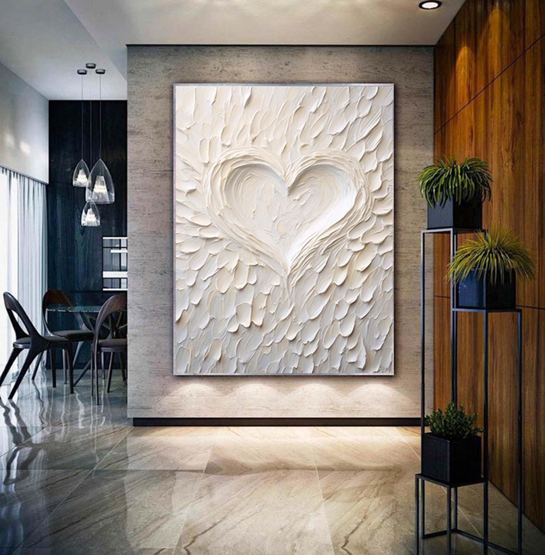 Romantic abstract painting,white love shape wall art,oversized textured original artwork,Extra Large 3D  Paintings,Modern canvas art