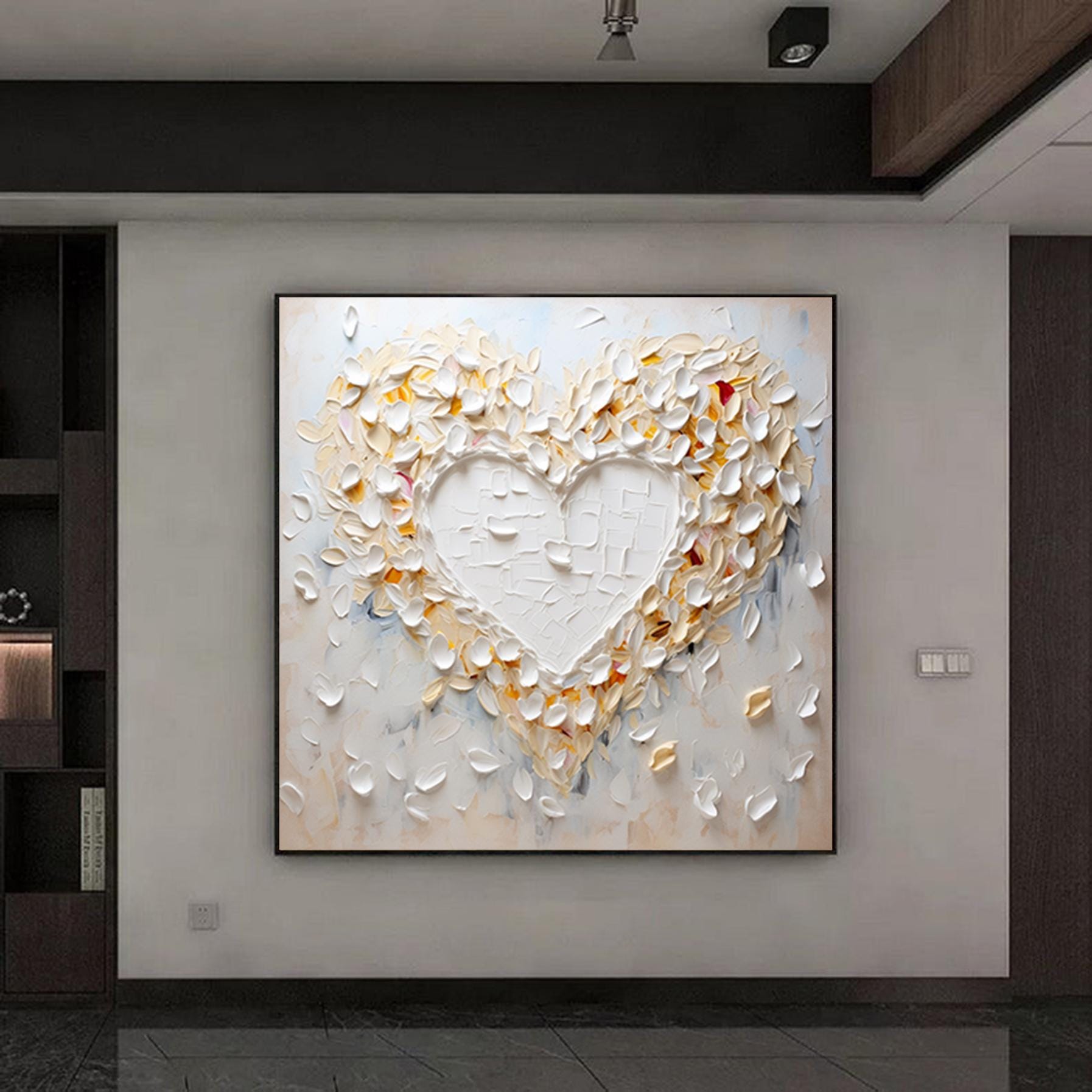 Palette Knife Love Shape Plaster Art Modern Canvas Art Abstract White  Beige Textured Painting  Wall Art Texture Painting Minimalist Decor