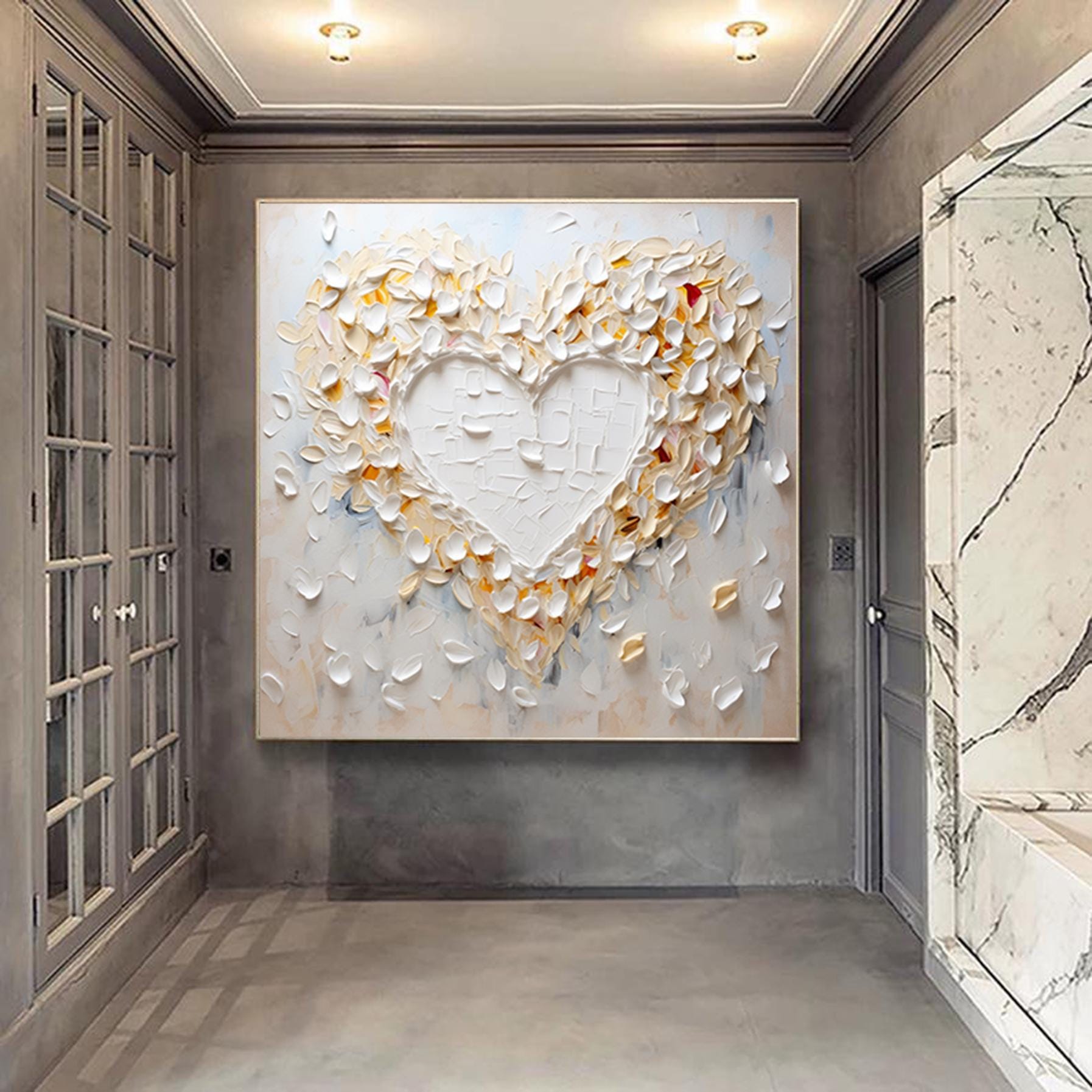 Palette Knife Love Shape Plaster Art Modern Canvas Art Abstract White  Beige Textured Painting  Wall Art Texture Painting Minimalist Decor