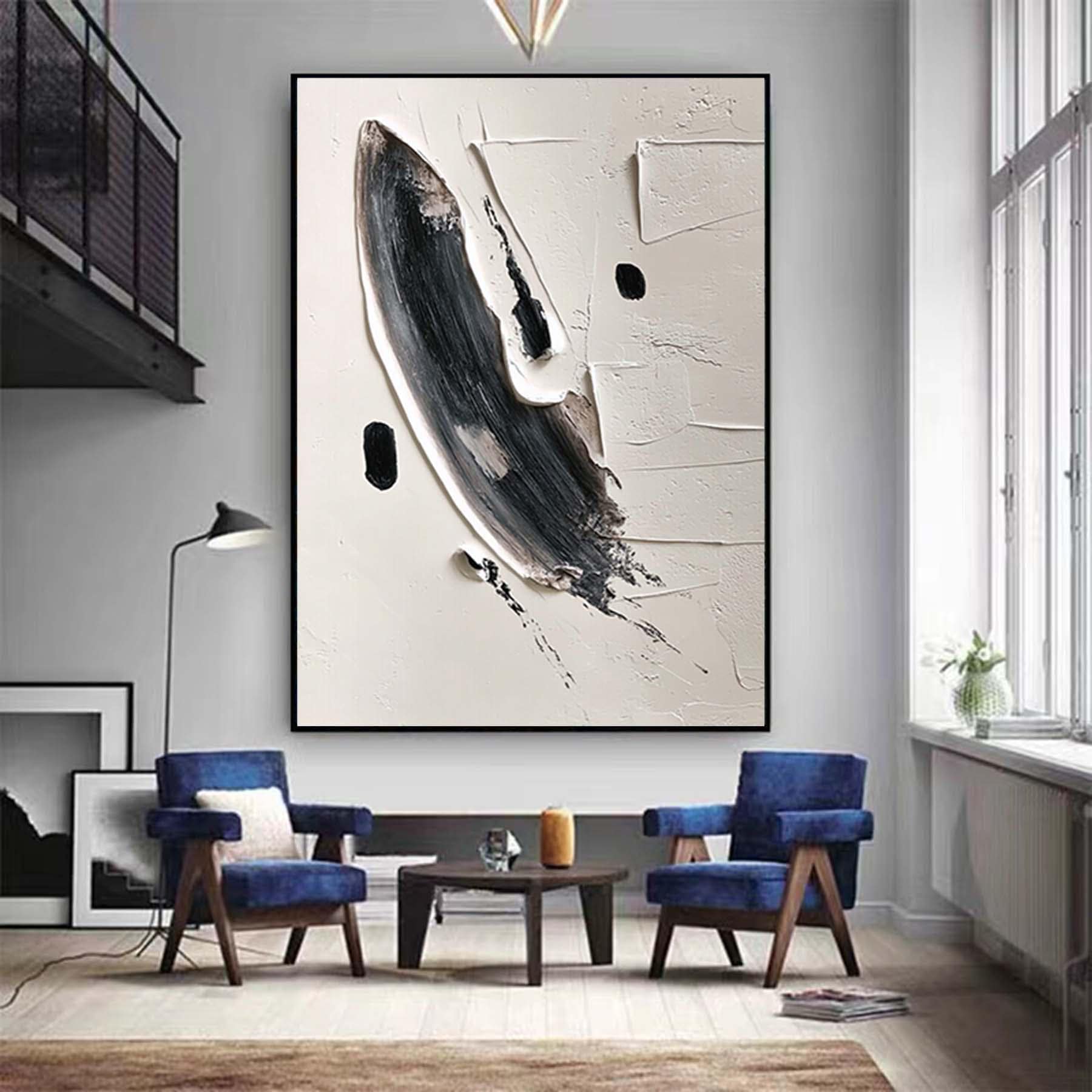 Black And White Textured Painting,Minimalist Modern Abstract Painting, Palette Knife Wall Art,Living Room Wall Abstract Art White Canvas Art