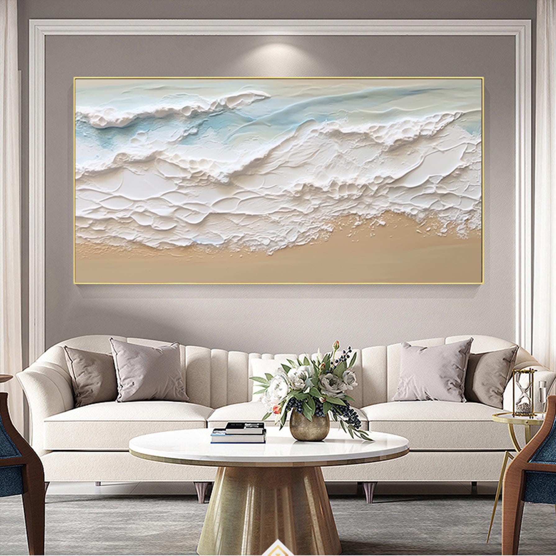 3D Minimalist Ocean Painting on Canvas Textured Wall Art Earth Tone Seawaves Art Wabi-Sabi Wall Art Living Room Painting Fashion Room Decor