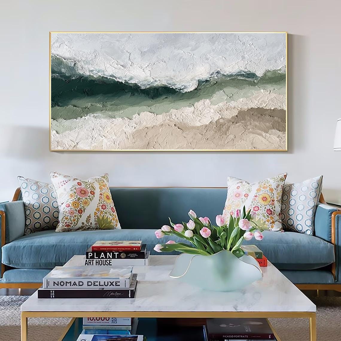 Sage Green Beige Minimalist Beach Painting Large 3D Textured Wall Art Ocean Wave Painting on Canvas Wabi-Sabi Wall Art Living Room Wall Art