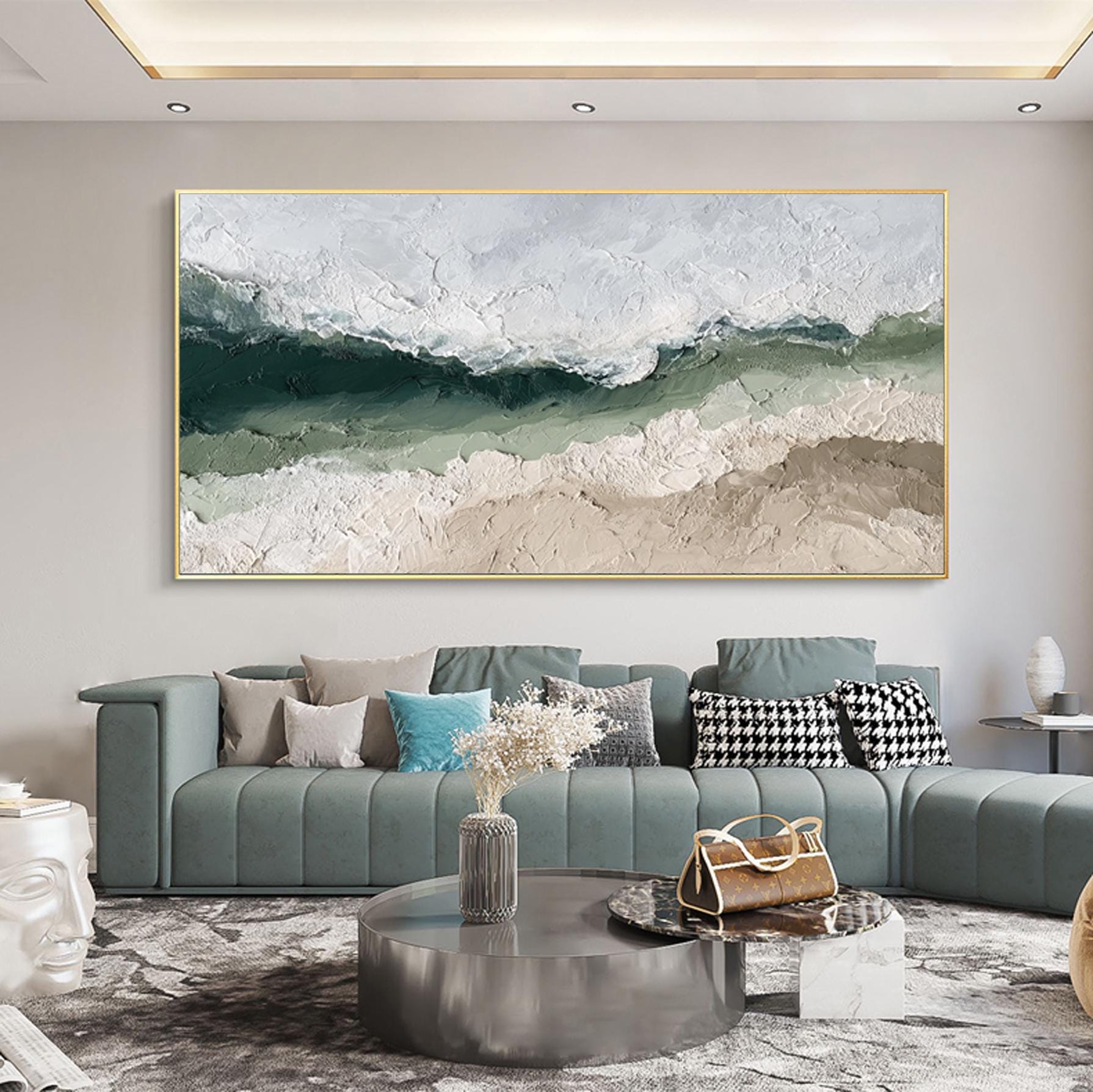 Sage Green Beige Minimalist Beach Painting Large 3D Textured Wall Art Ocean Wave Painting on Canvas Wabi-Sabi Wall Art Living Room Wall Art