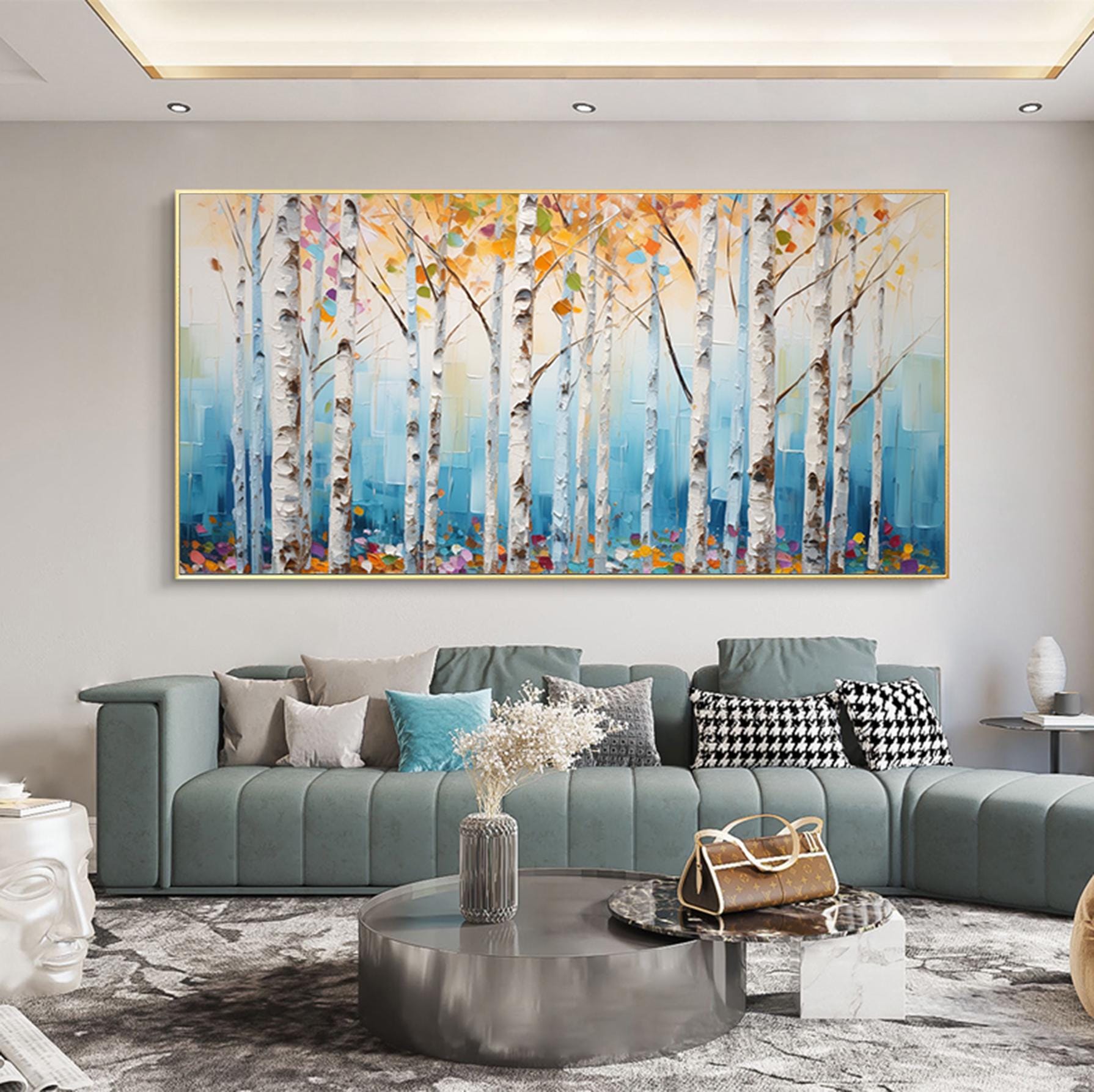 Colorful birch tree painting,large forrest wall art,Large original oil painting on canvas,landscape,autumn painting,Living room painting