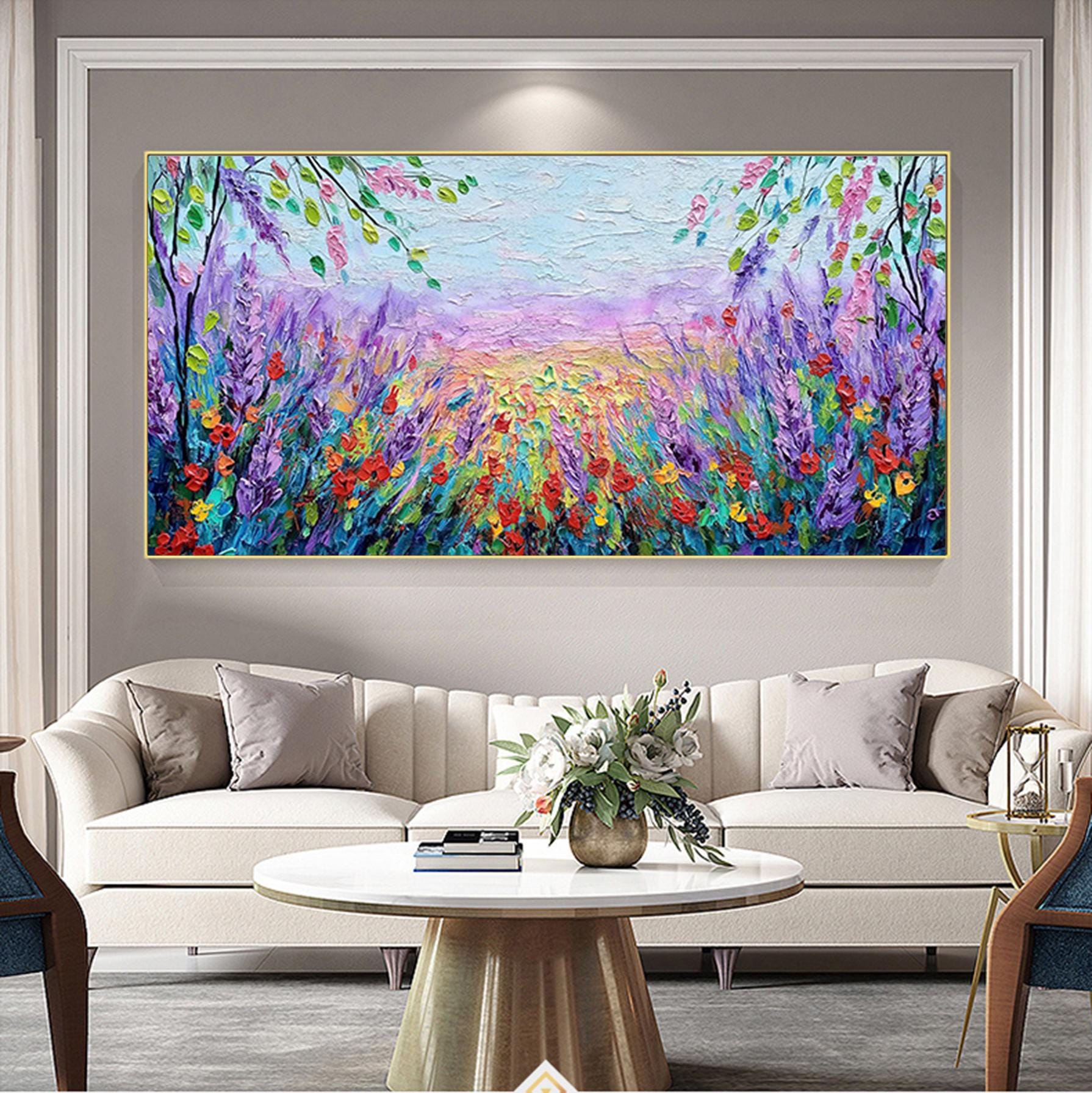 Palette Knife flowers wall art,Floral Land Painting,Large Colorful  Textured Paintings,Modern Decorative Paintings,Boho Decor Abstract