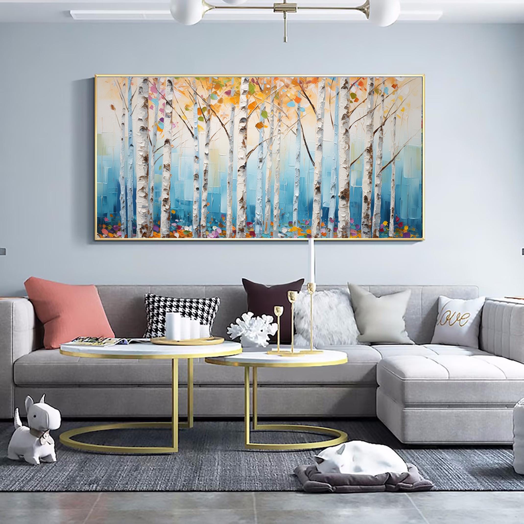 Colorful birch tree painting,large forrest wall art,Large original oil painting on canvas,landscape,autumn painting,Living room painting