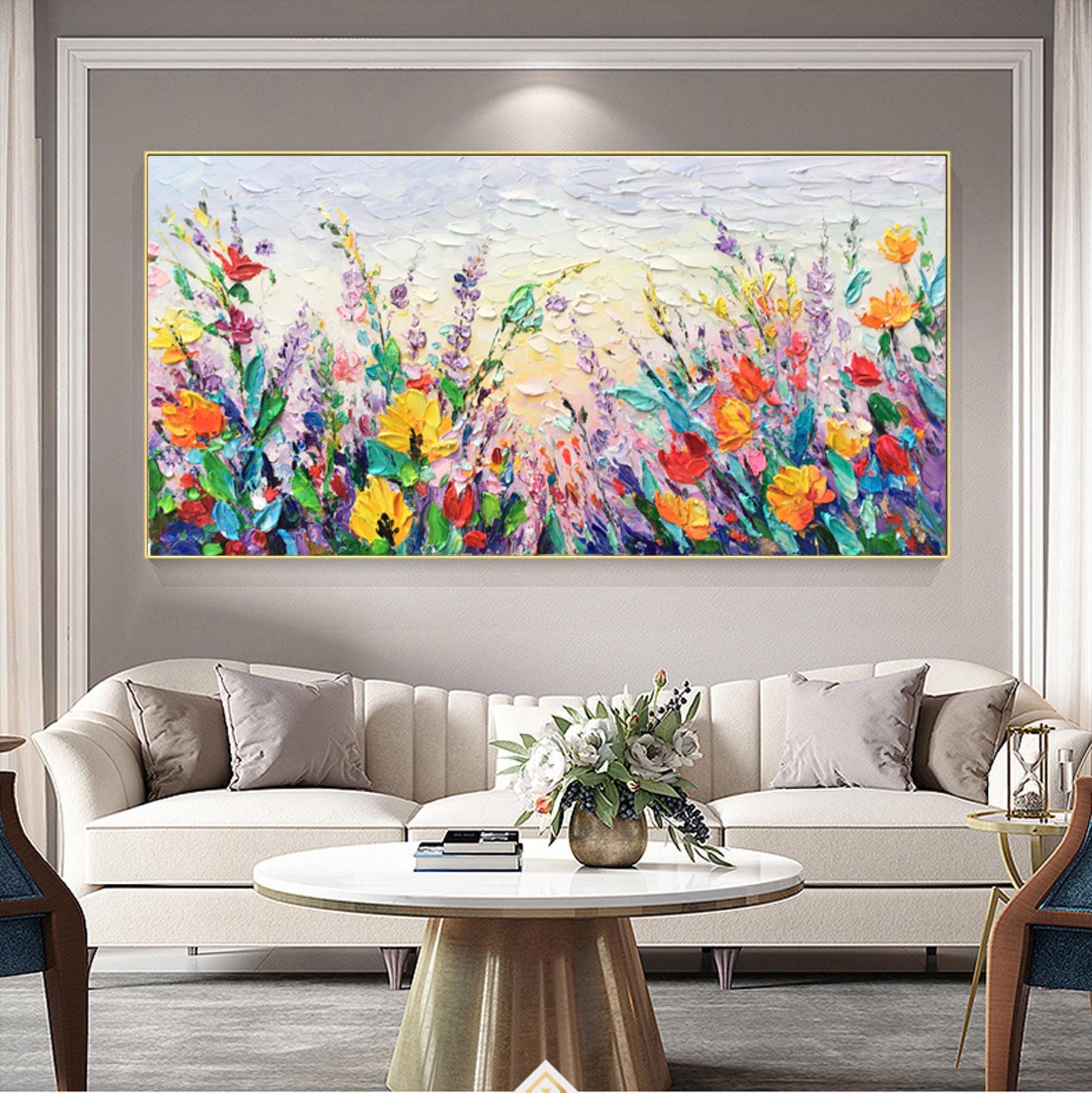 Abstract colorful flowers wall art,Palette Knife Floral Land Painting,Large  Textured Painting,Modern Decorative Painting,Boho Decor Art