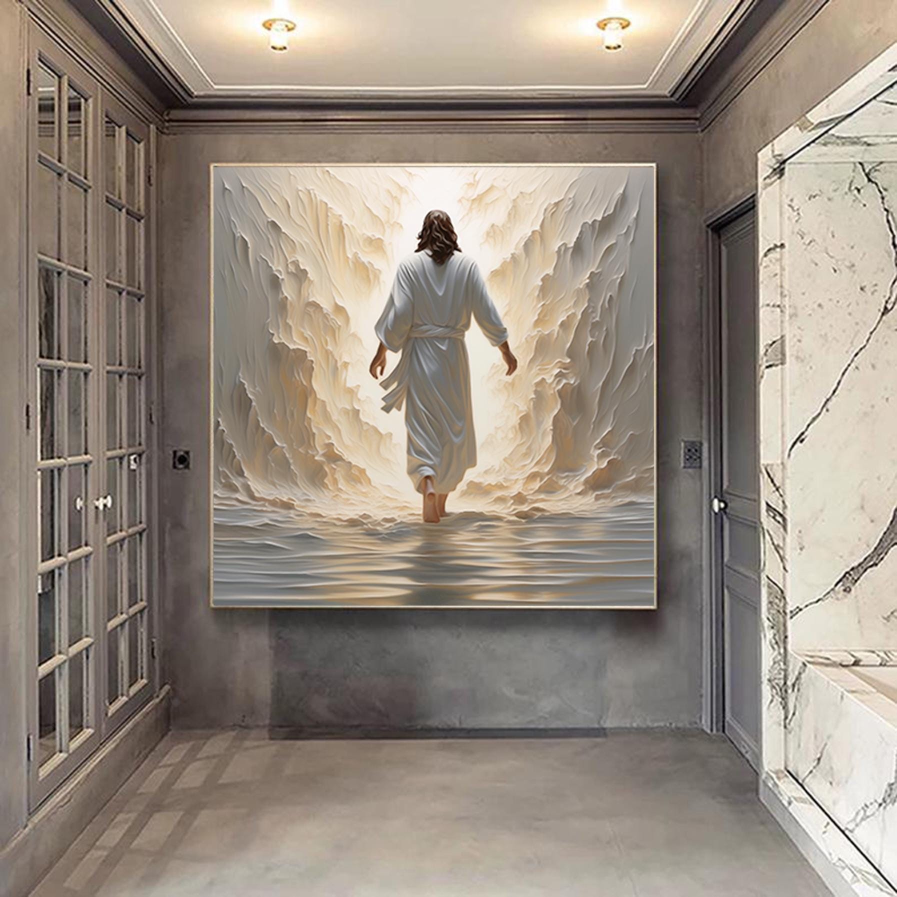 Jesus walking on water wall art,White 3D Abstract painting,Extra Large Textured Paintings,Religious Acrylic Paintings, Modern christian art