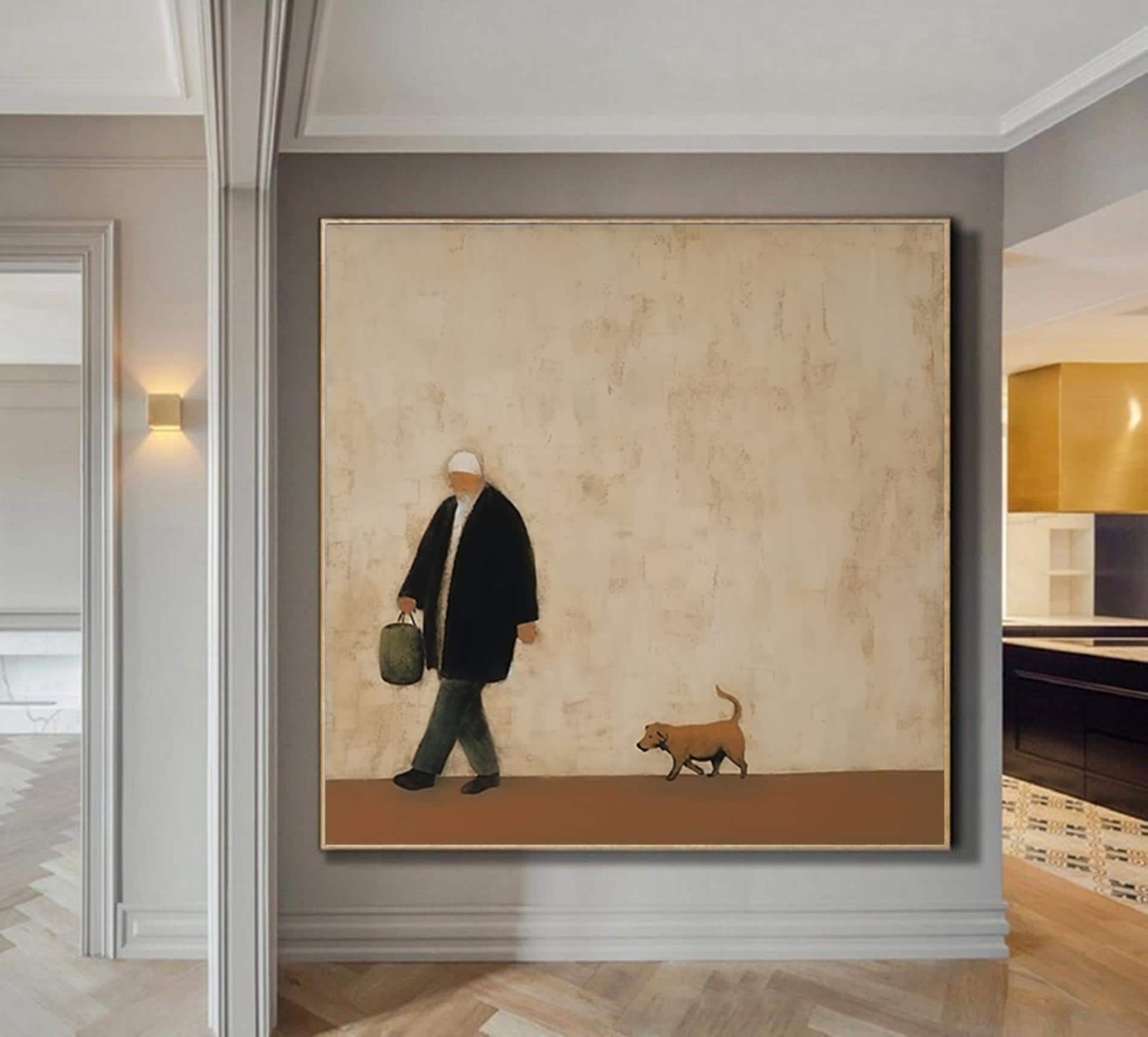 Abstract Old Man With Dog Painting Brown Wabi-Sabi minimalist Wall Art Oversized Textured Hand-Painted Canvas Neutral Minimalist Wall Art