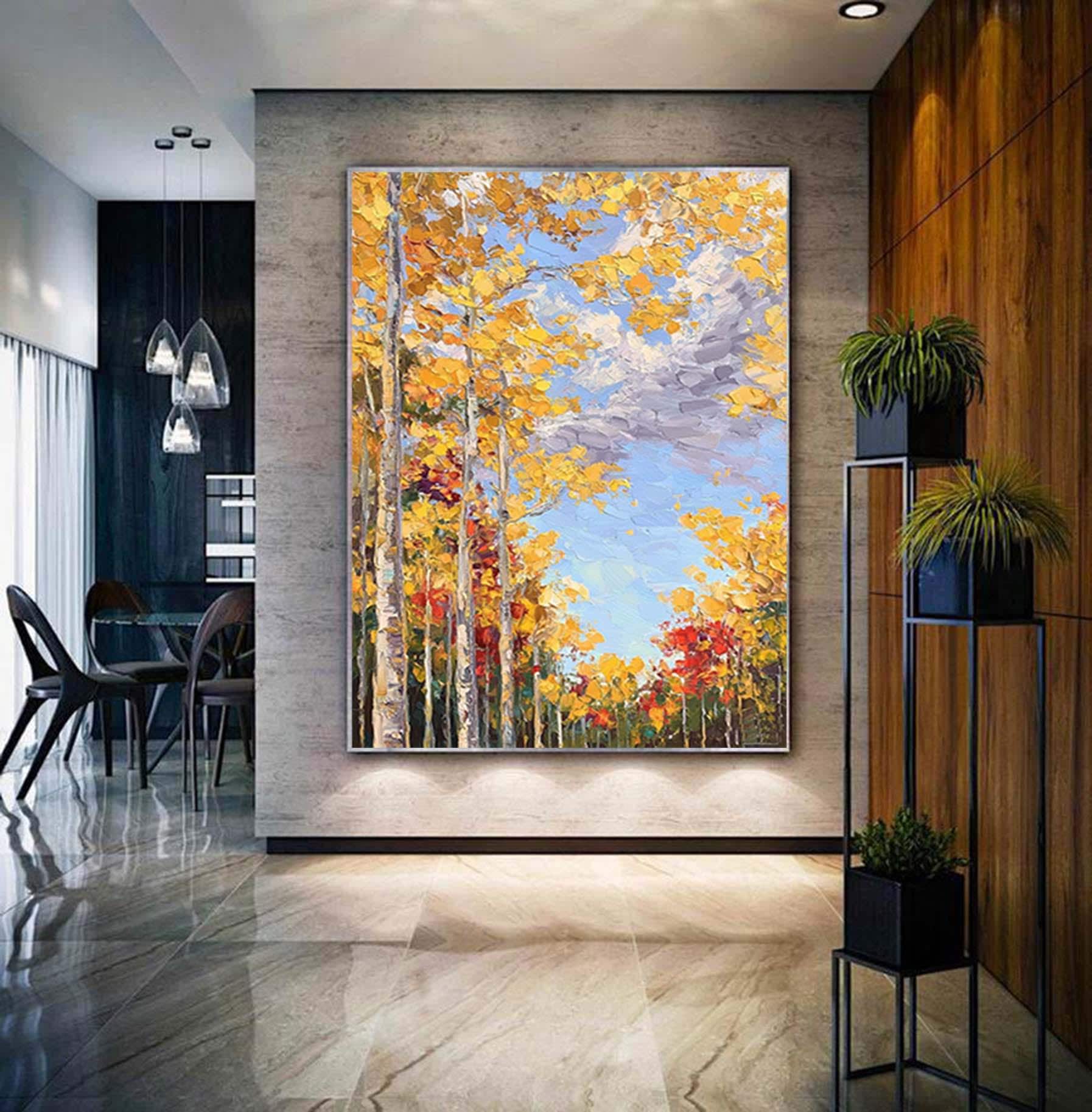 Extra large autumn wall art,palette knife painting,forrest painting,impressionism landscape,birch trees wall art,modern abstract art
